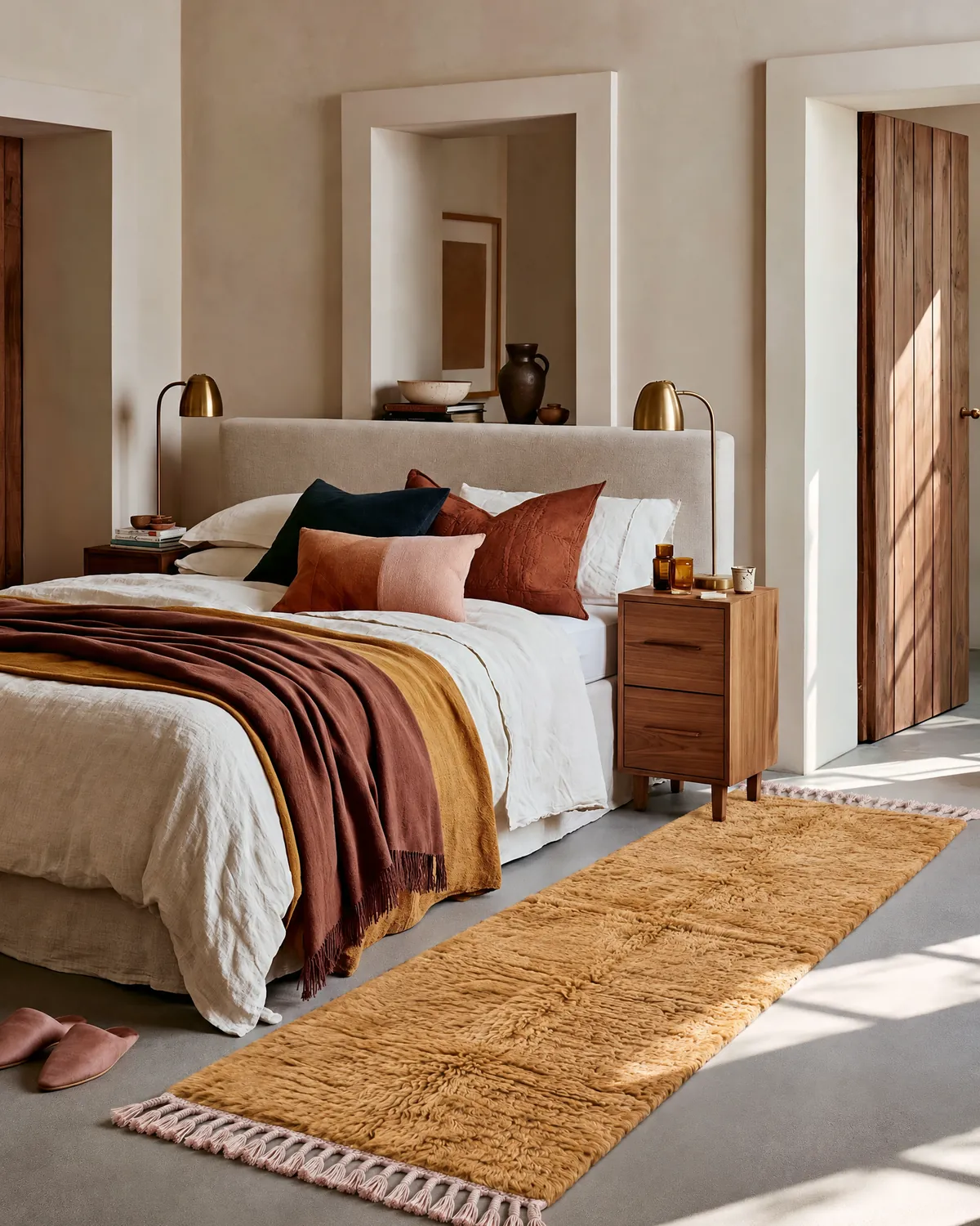 Zafran Ochre handmade Moroccan runner beside a linen bed in a sunlit bedroom, rust throw and walnut nightstand
