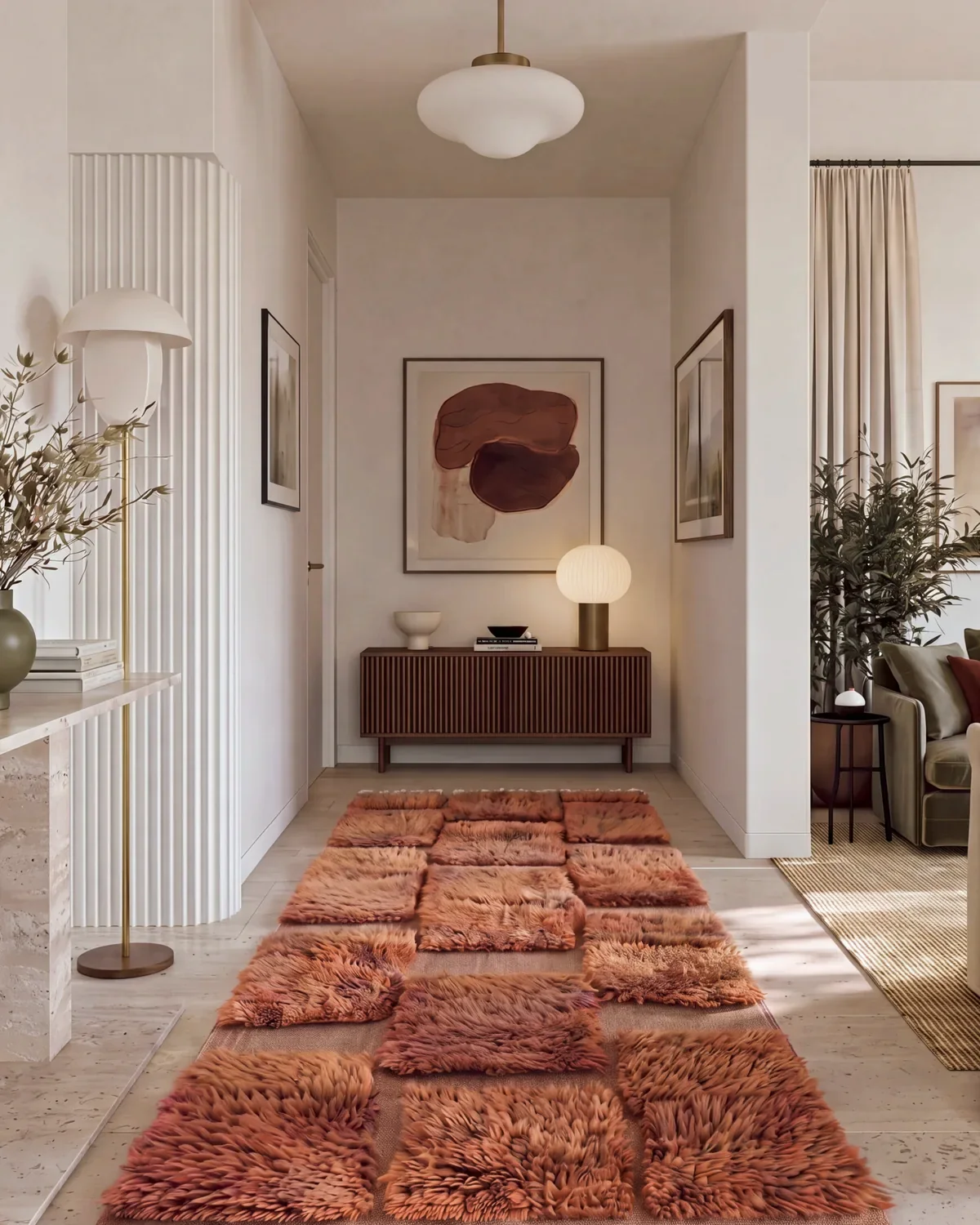 Hamada Burnt Orange hand-knotted Moroccan rug, runner, along a hallway beside a wood console and floor lamp