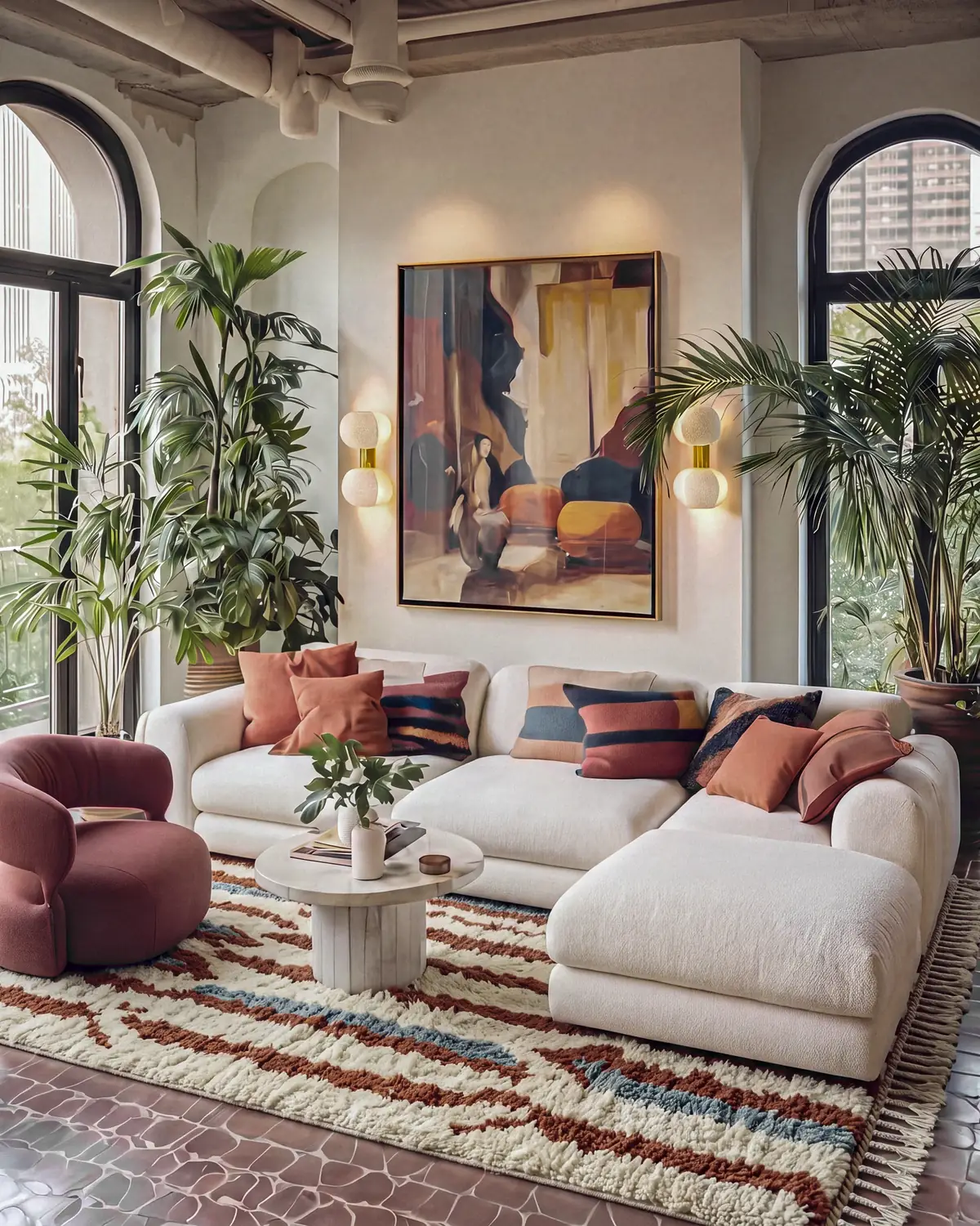Idgel Rust & Dusty Blue hand-knotted Moroccan rug under an ivory sectional in a living room with arched windows