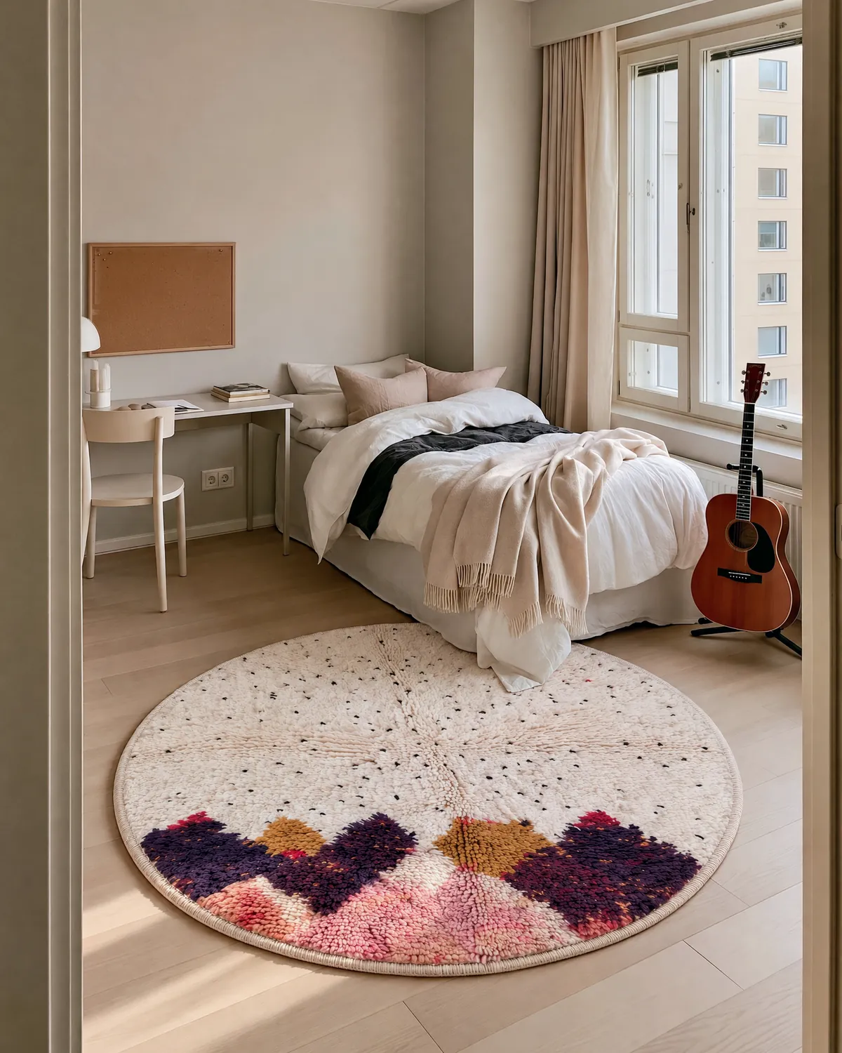 Adrar Pink & Purple handcrafted round Moroccan rug beside a single bed and an acoustic guitar in a bright teen room