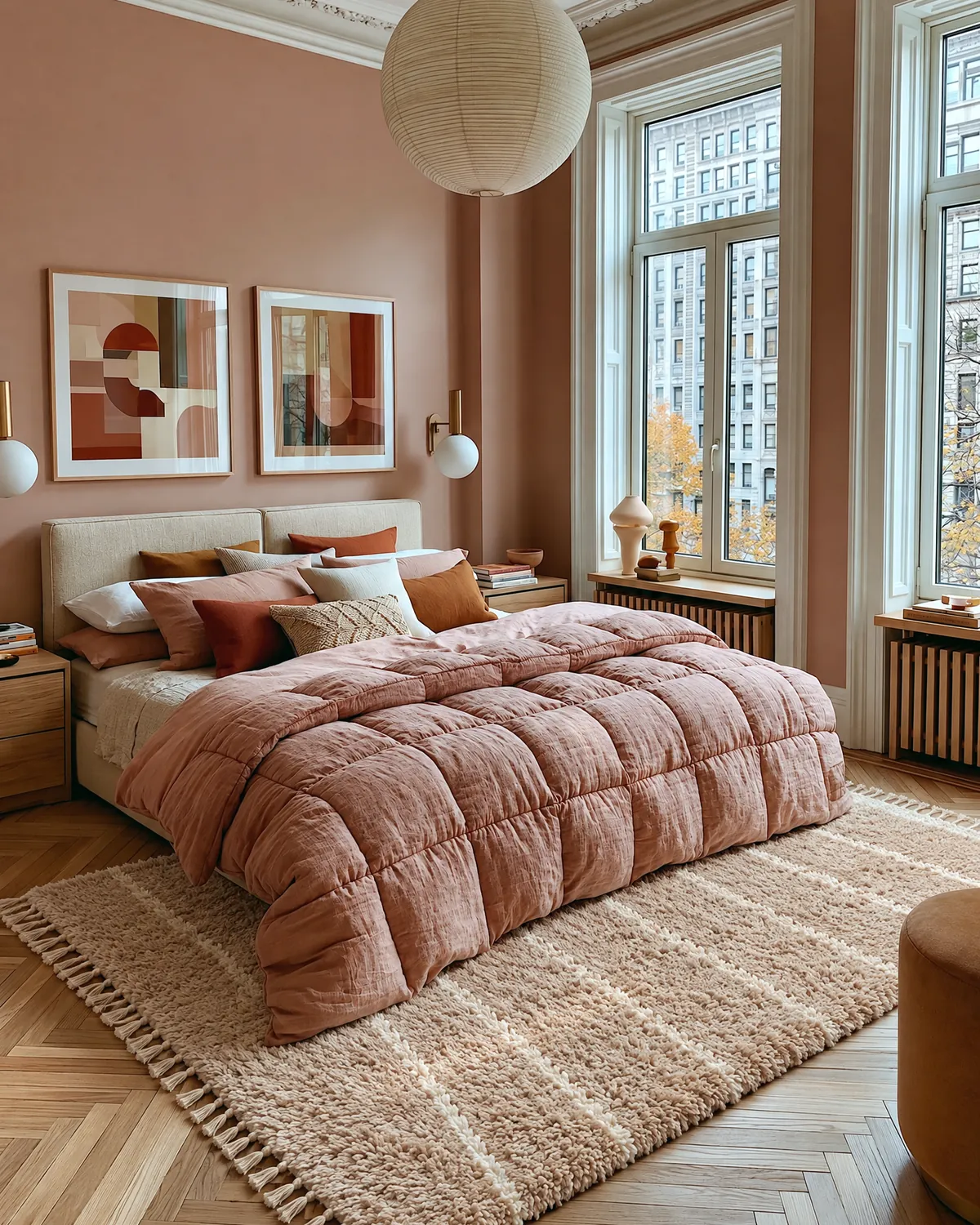 Abrid Taupe & Ivory handcrafted Moroccan rug under a quilted rose bed, two abstract prints and tall windows