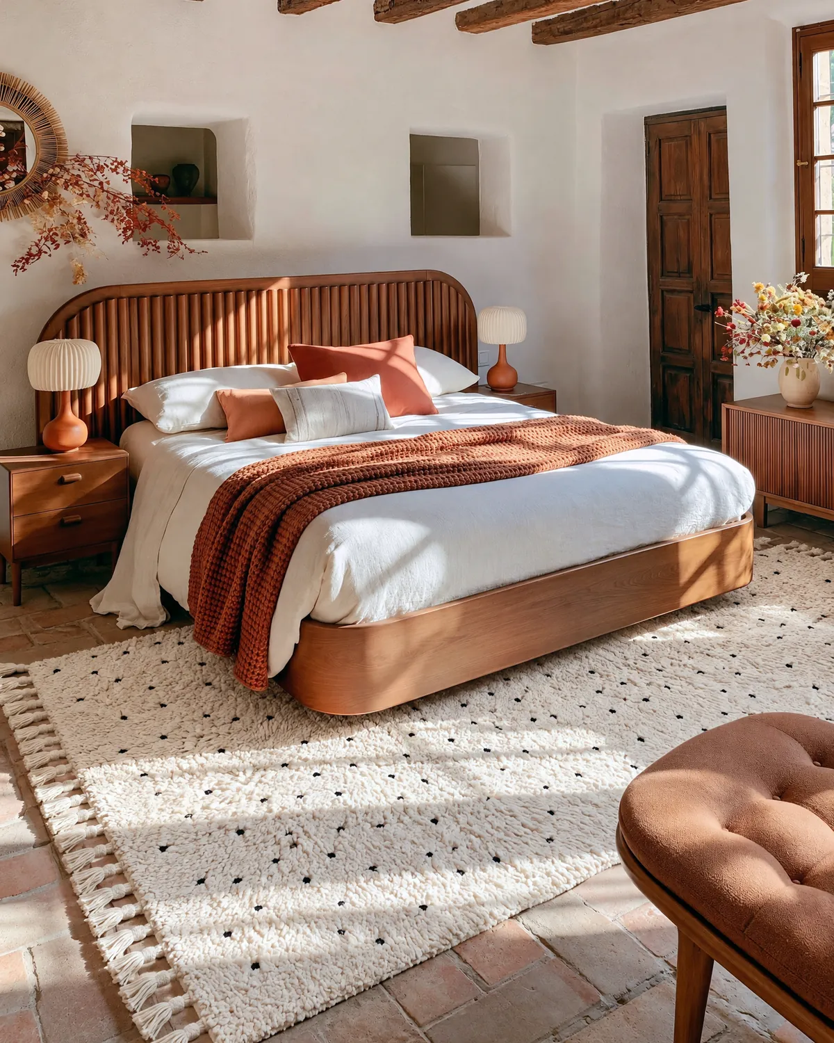 Itran Ivory & Black handcrafted Moroccan rug under a walnut bed, beamed ceiling and sun on a warm tiled floor
