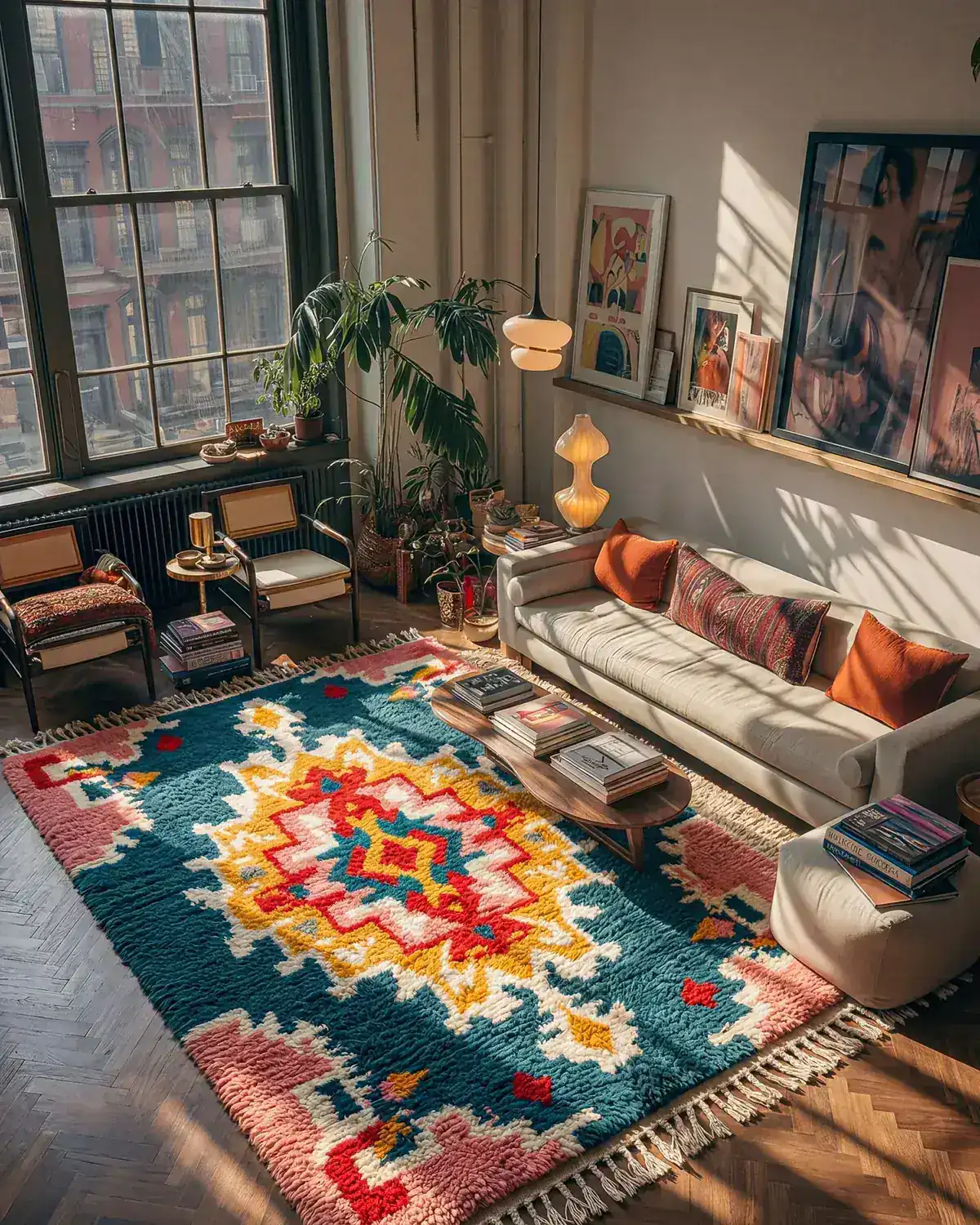 Jnane Pink & Green hand-knotted Moroccan rug, in a loft living room beside a white sofa