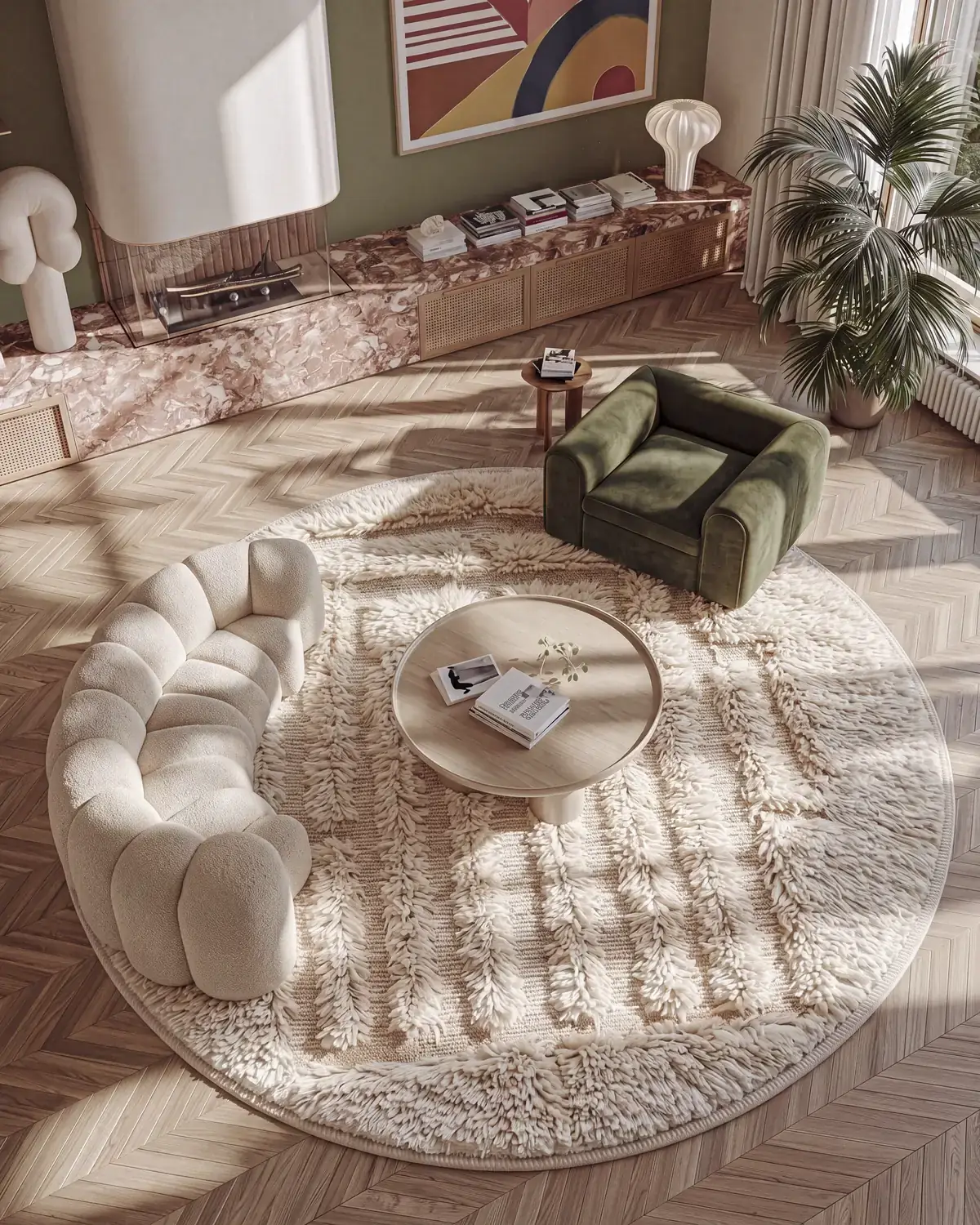 Kasbah Ivory hand-knotted Moroccan rug, round, on herringbone floors beside an olive velvet chair