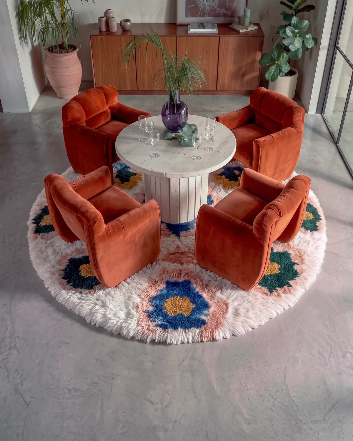 Lazward Cobalt & Mustard hand-knotted round Moroccan rug under a round dining table and four rust velvet chairs, seen from above