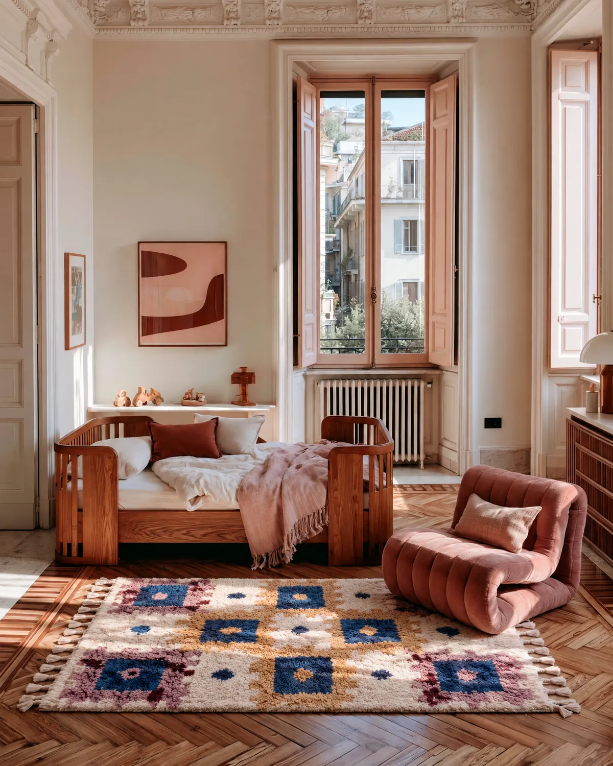 Tarz Navy & Camel hand-knotted Moroccan rug in a child's bedroom beside a wooden daybed and rose armchair
