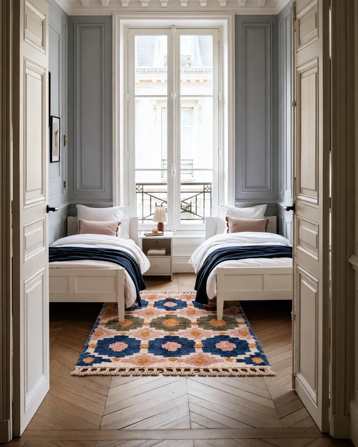 Shamsa Navy & Dusty Rose hand-knotted Moroccan rug between two white beds in a blue-grey panelled shared kids room