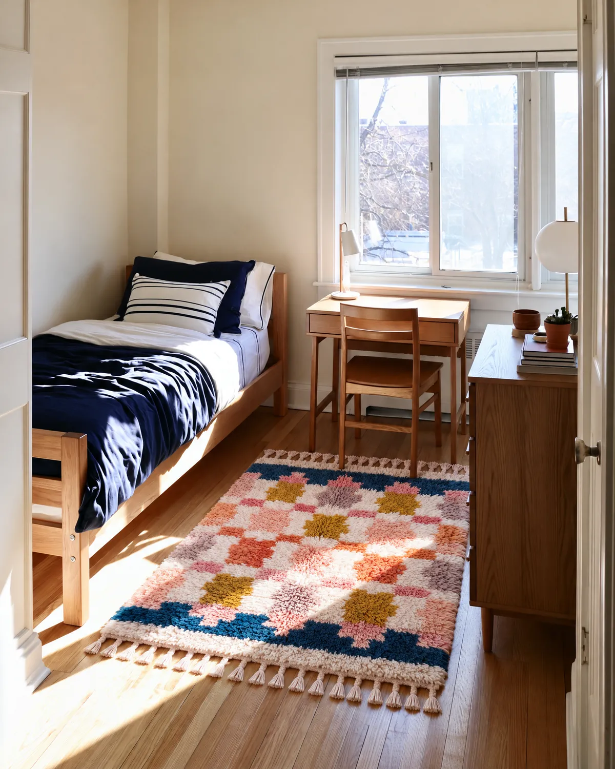 Jidar Pink & Ochre handmade Moroccan rug beside a wooden bed with navy bedding and an oak desk in a teen room