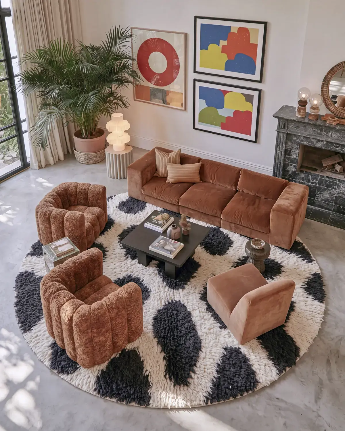 Ouzoud Black & White hand-knotted round Moroccan rug under rust velvet armchairs in a living room