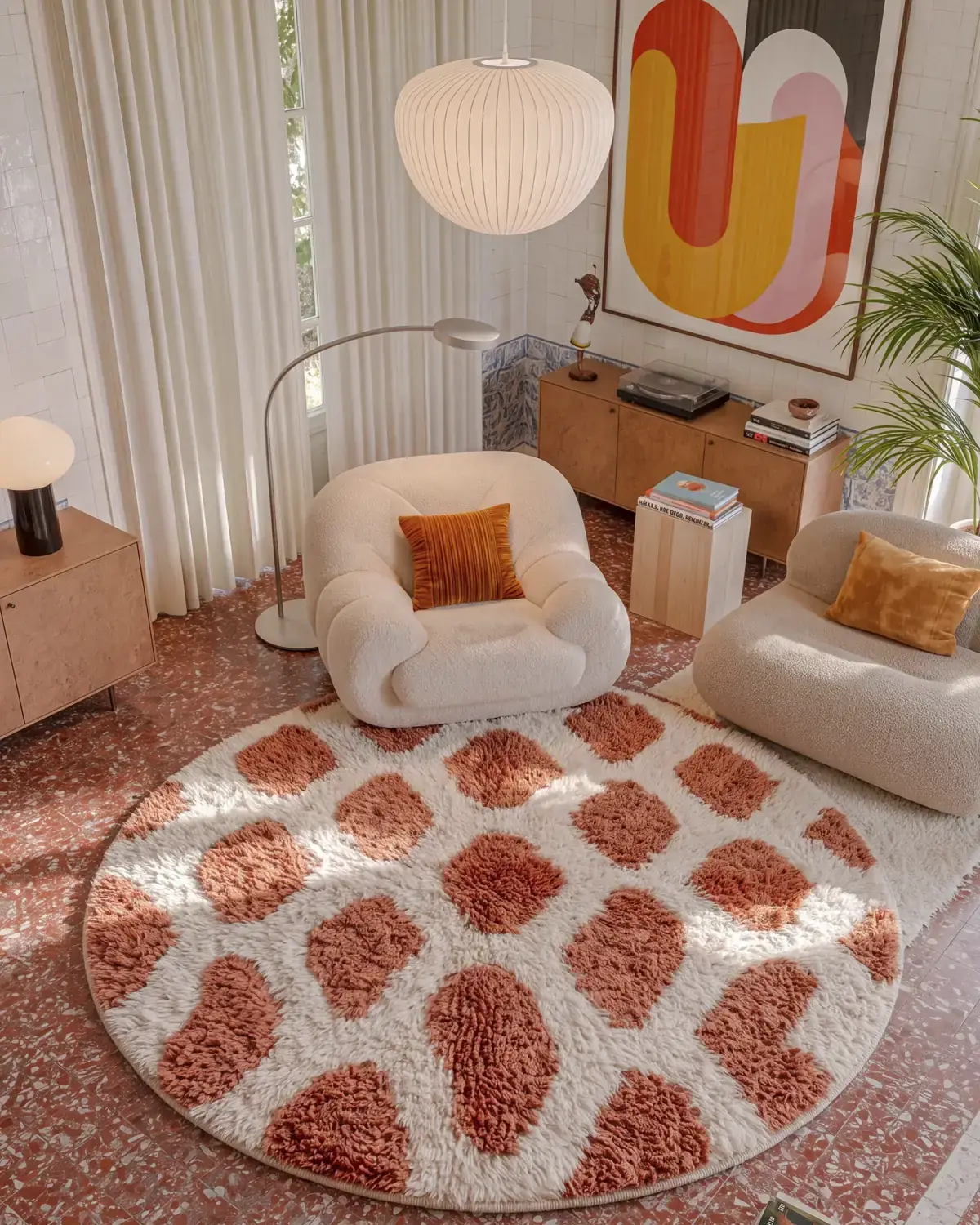 Ouzoud Terracotta hand-knotted round Moroccan rug under ivory bouclé armchairs on a terrazzo floor