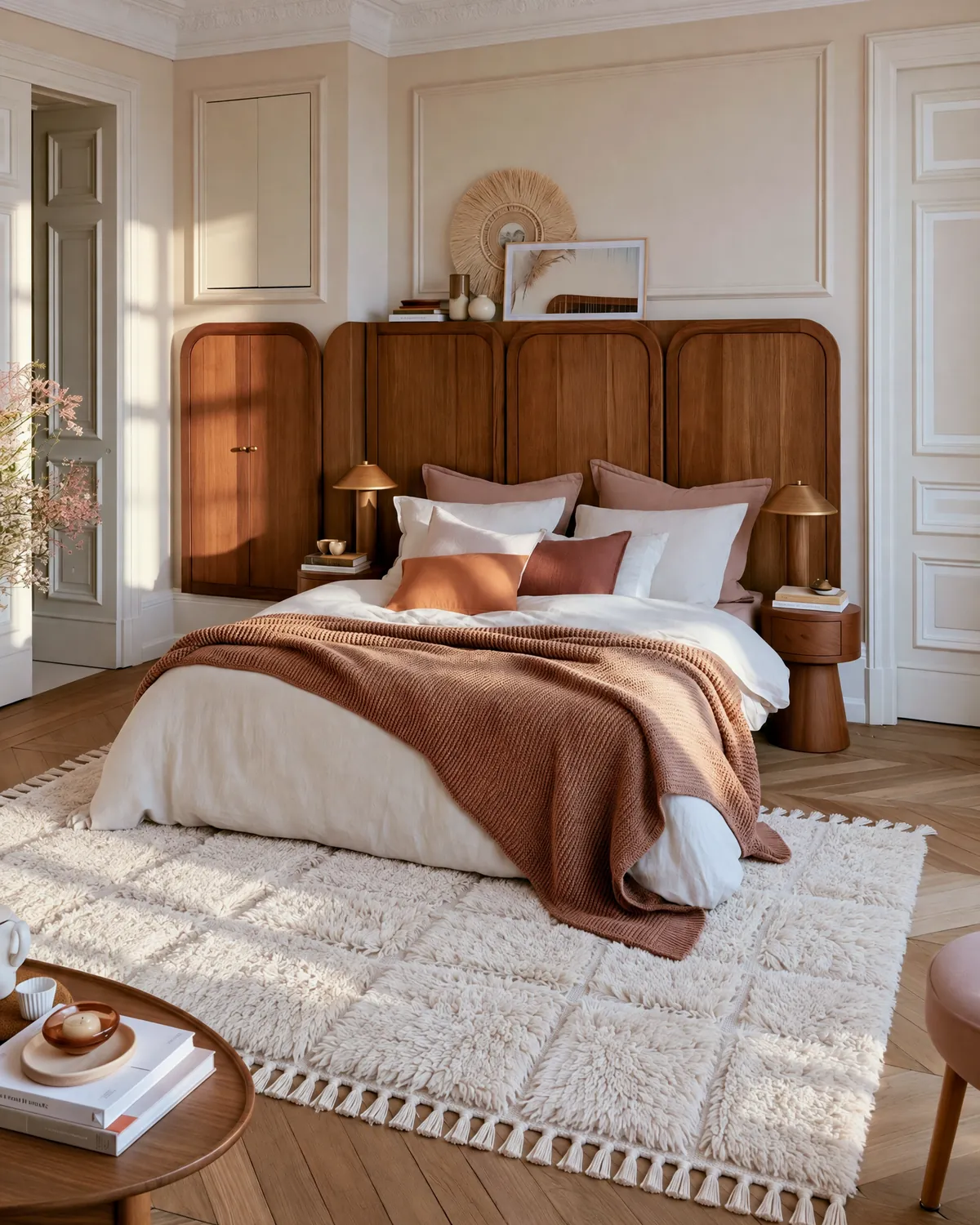 Tadla Ivory handmade Beni Mrirt rug with a carved grid under a bed, walnut panel headboard and morning sun