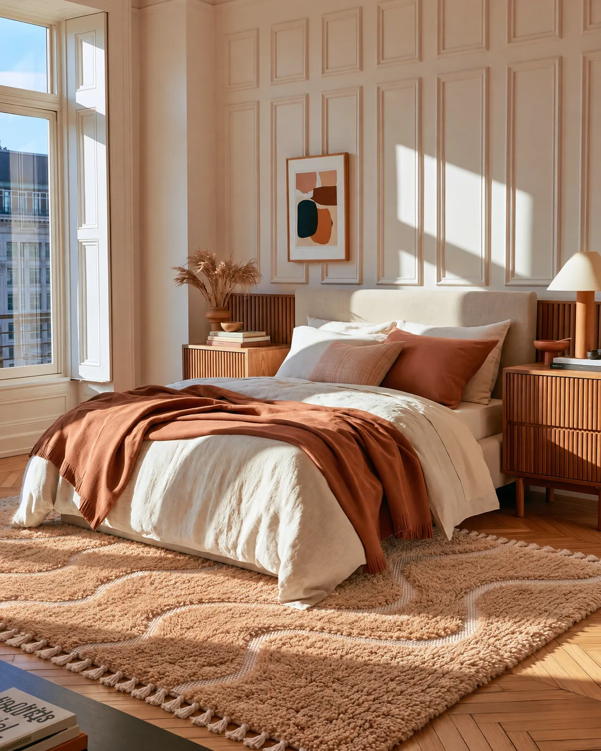 Dades Camel hand-knotted Beni Mrirt rug with carved waves under a bed, panelled wall and tall city windows