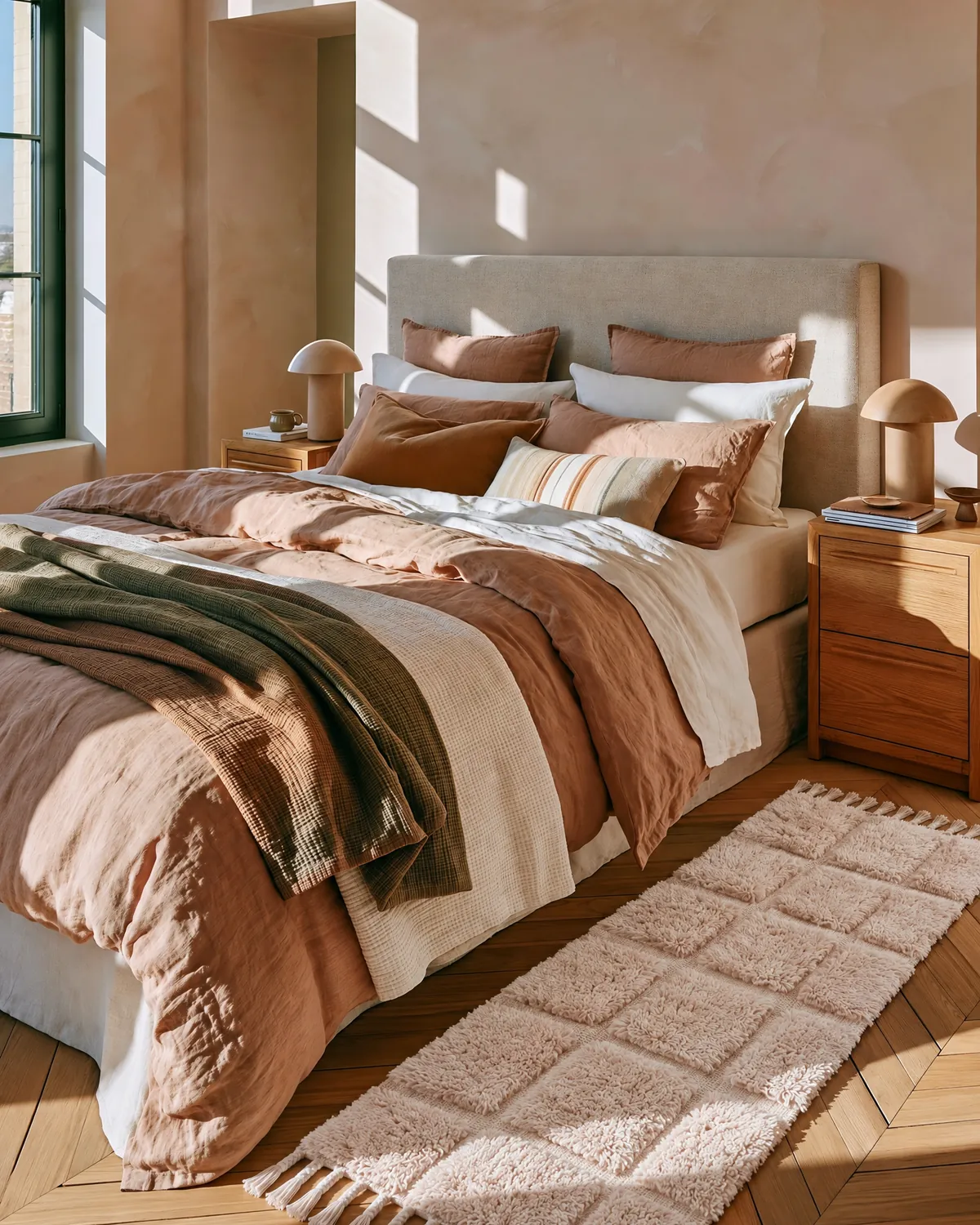 Hamada Ivory hand-knotted Berber runner along a layered bed, olive and rust bedding in warm side light