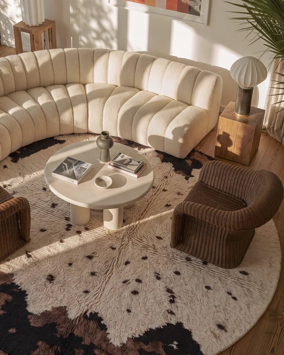 Tessaout Ivory & Brown hand-knotted Moroccan rug, round, beside a curved cream sofa and round table