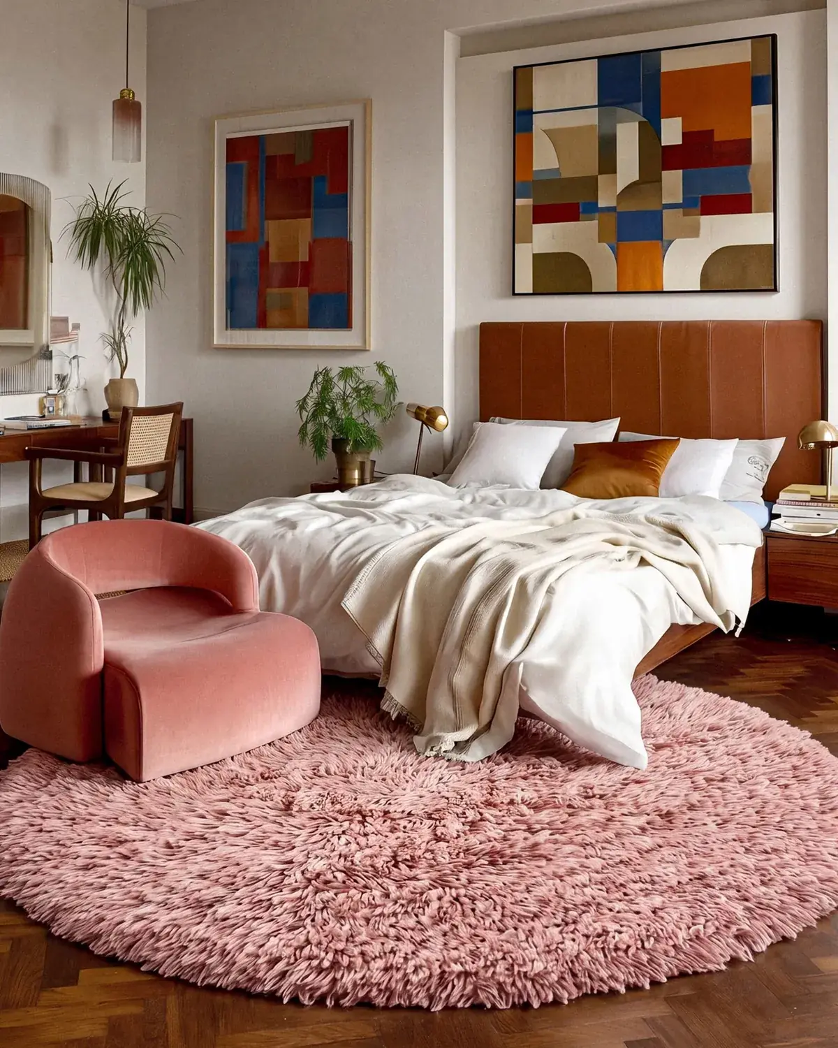 Tifawt Blush hand-knotted Moroccan rug, round, at the foot of a bed on herringbone parquet floors