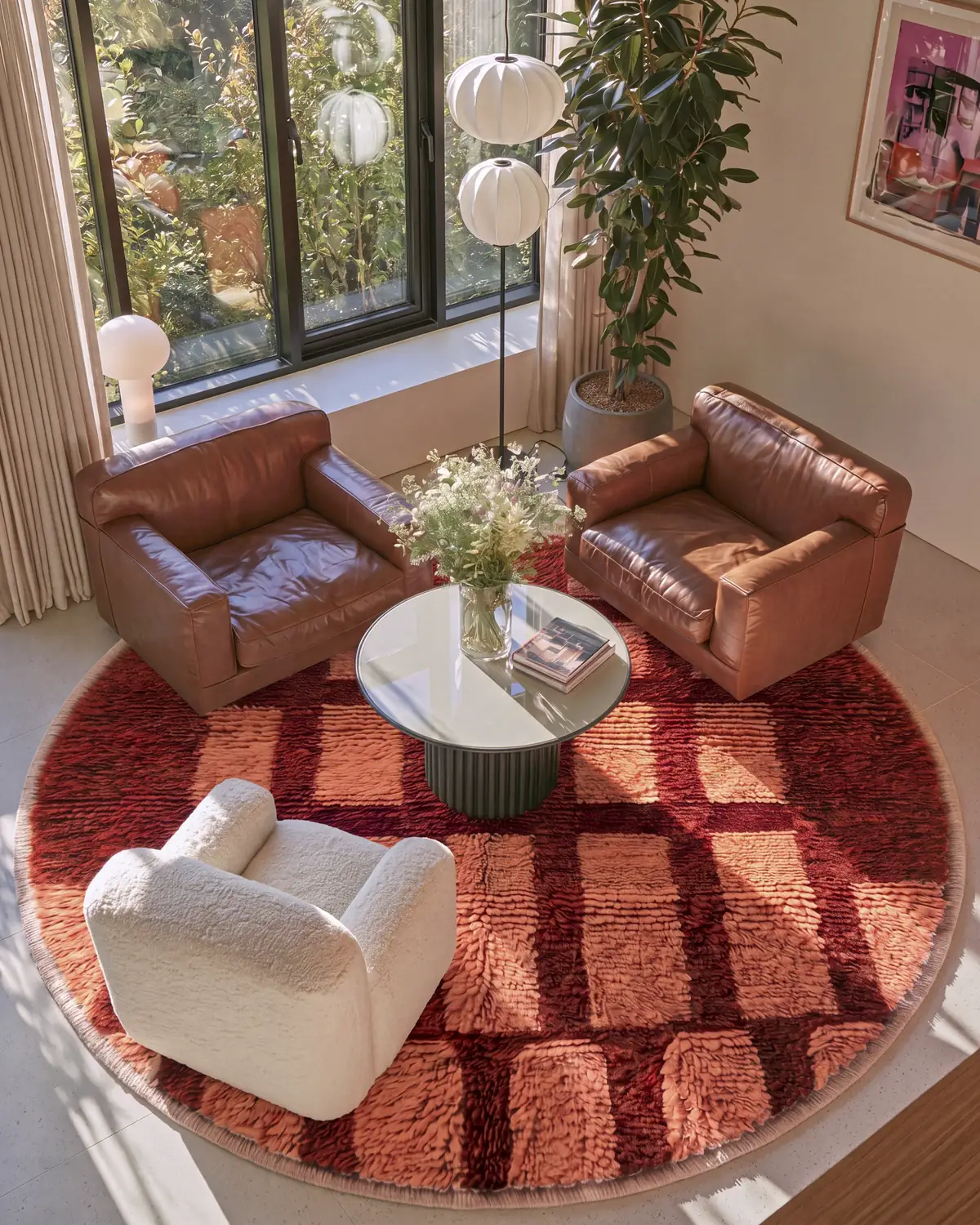 Tigmi Terracotta hand-knotted Moroccan rug, round, in a living room between two leather armchairs