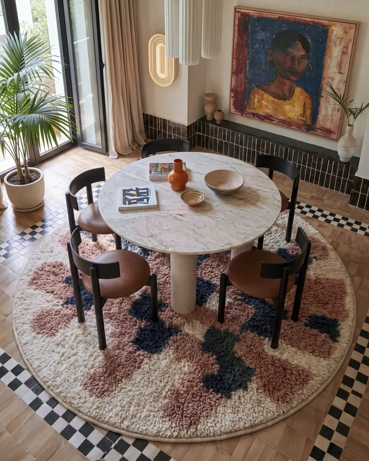 Tirra Coral & Deep Green hand-knotted Moroccan rug, round, in a dining room on checkerboard tile floors