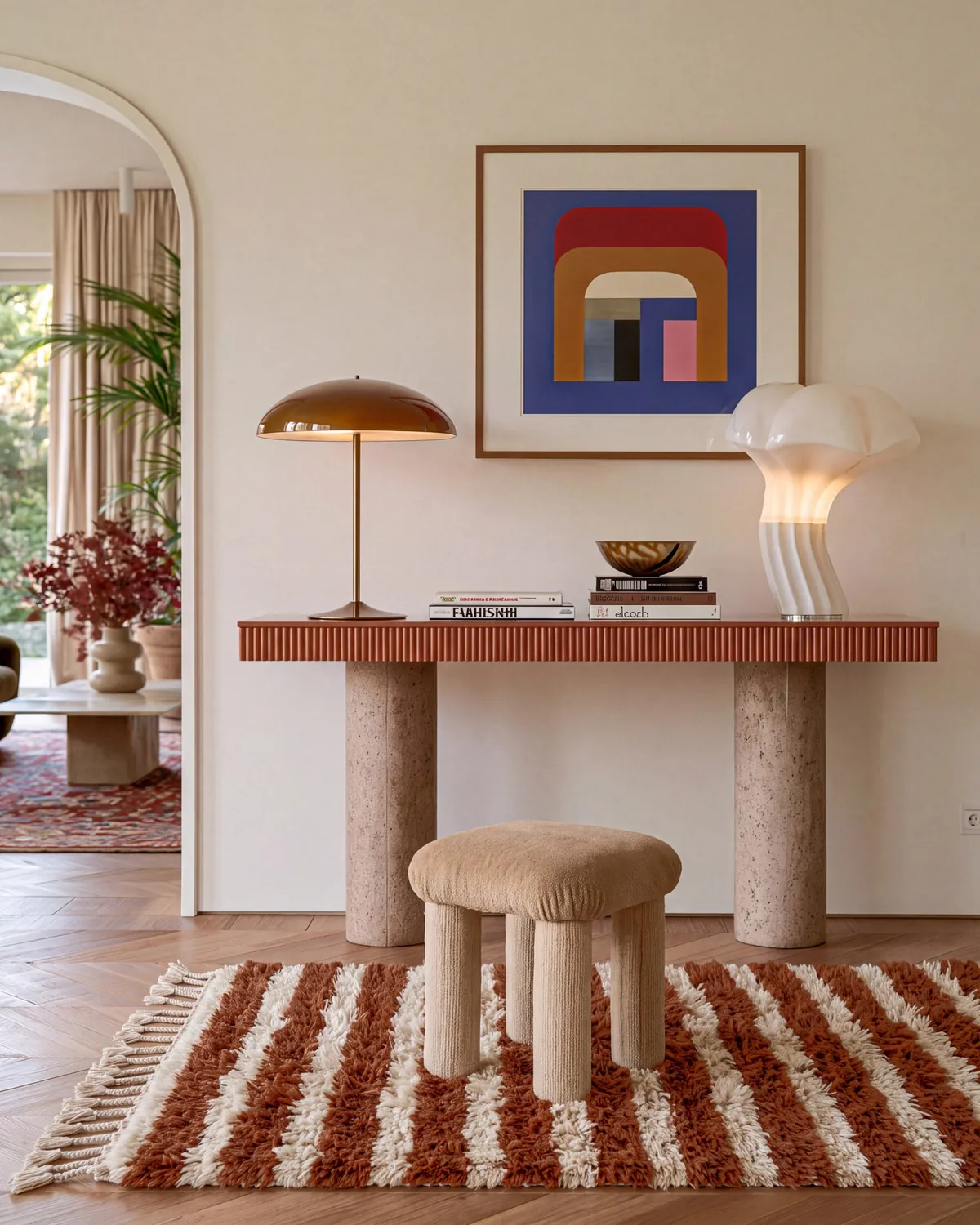 Todra Brown & Ivory hand-knotted Moroccan rug, runner, beneath a console table near an archway