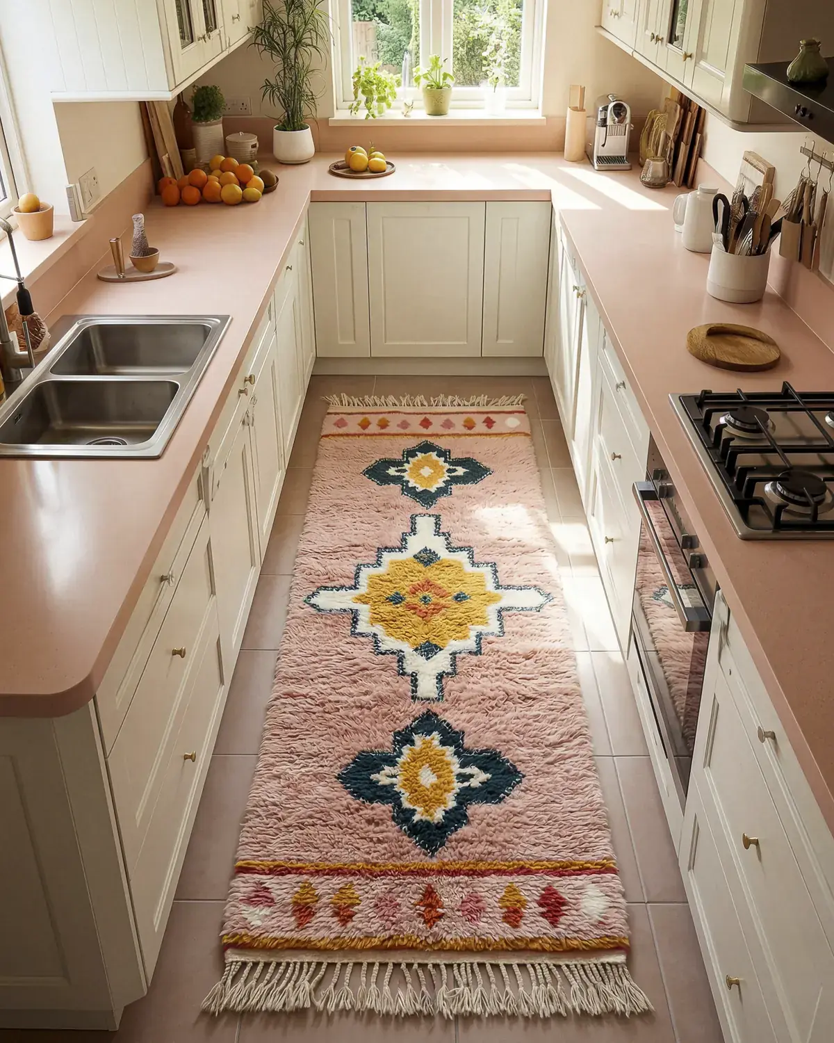 Warda pink hand-knotted Moroccan runner along a galley kitchen with cream cabinets and a pink counter