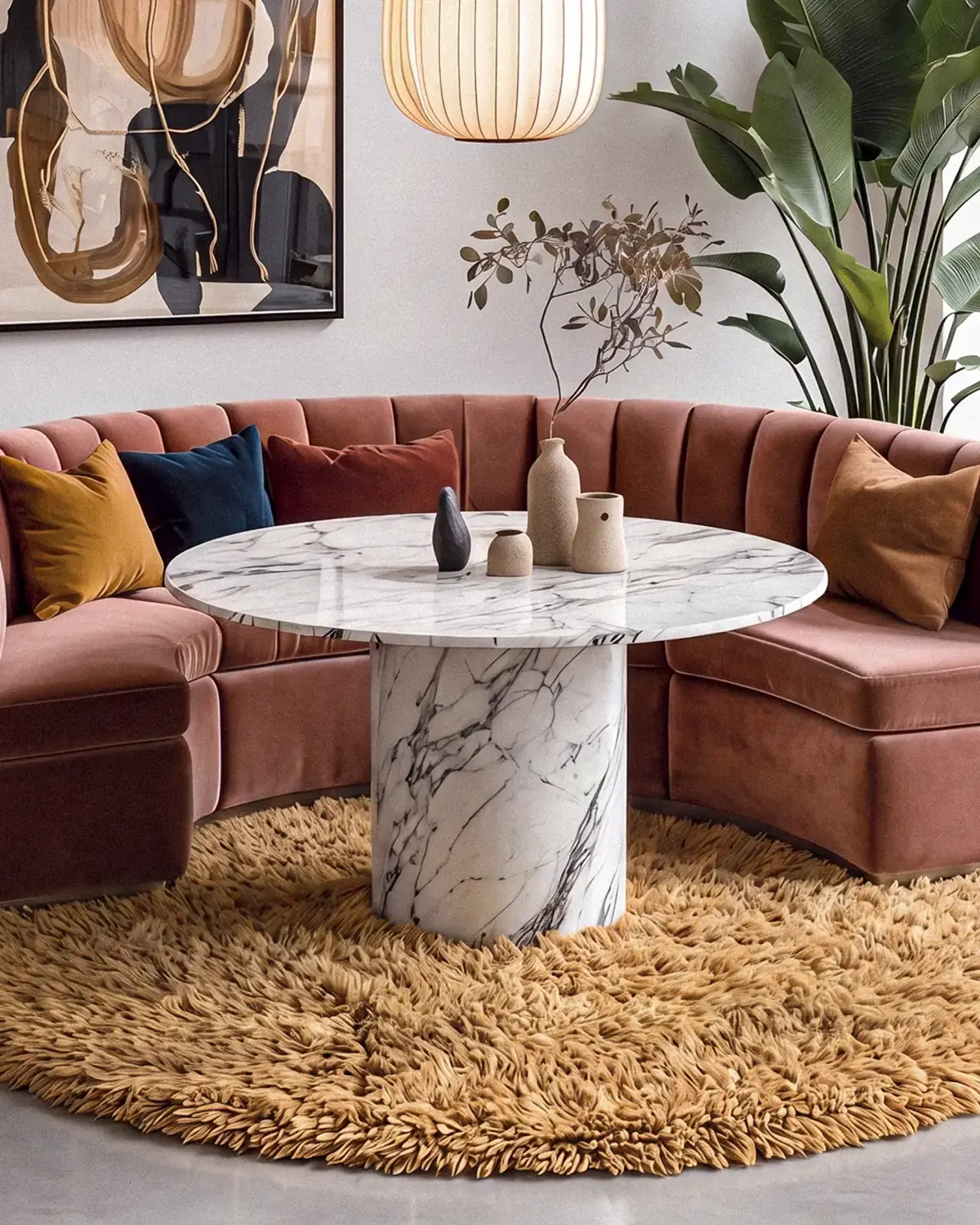 Zafran Ochre hand-knotted Moroccan rug, round, under a round marble table in a curved sofa nook
