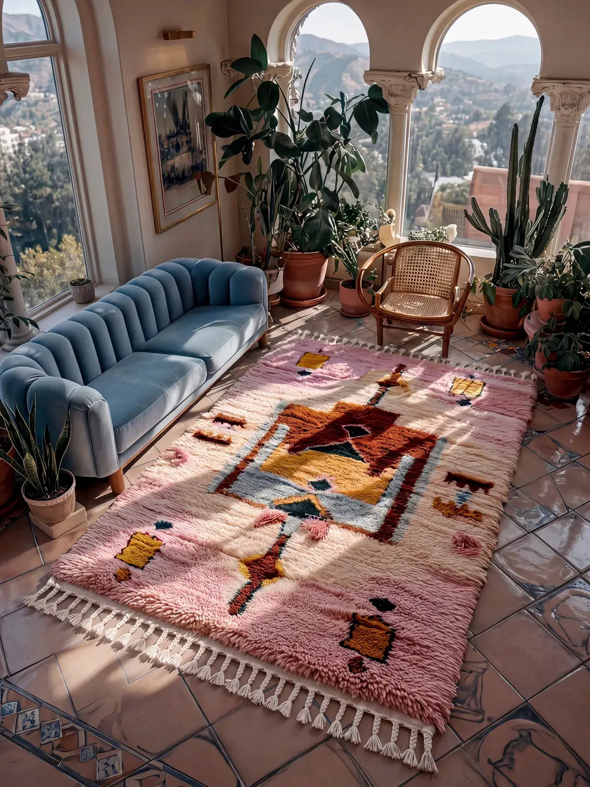 Zouak purple and yellow hand-knotted Boujaad rug in a sunlit living room