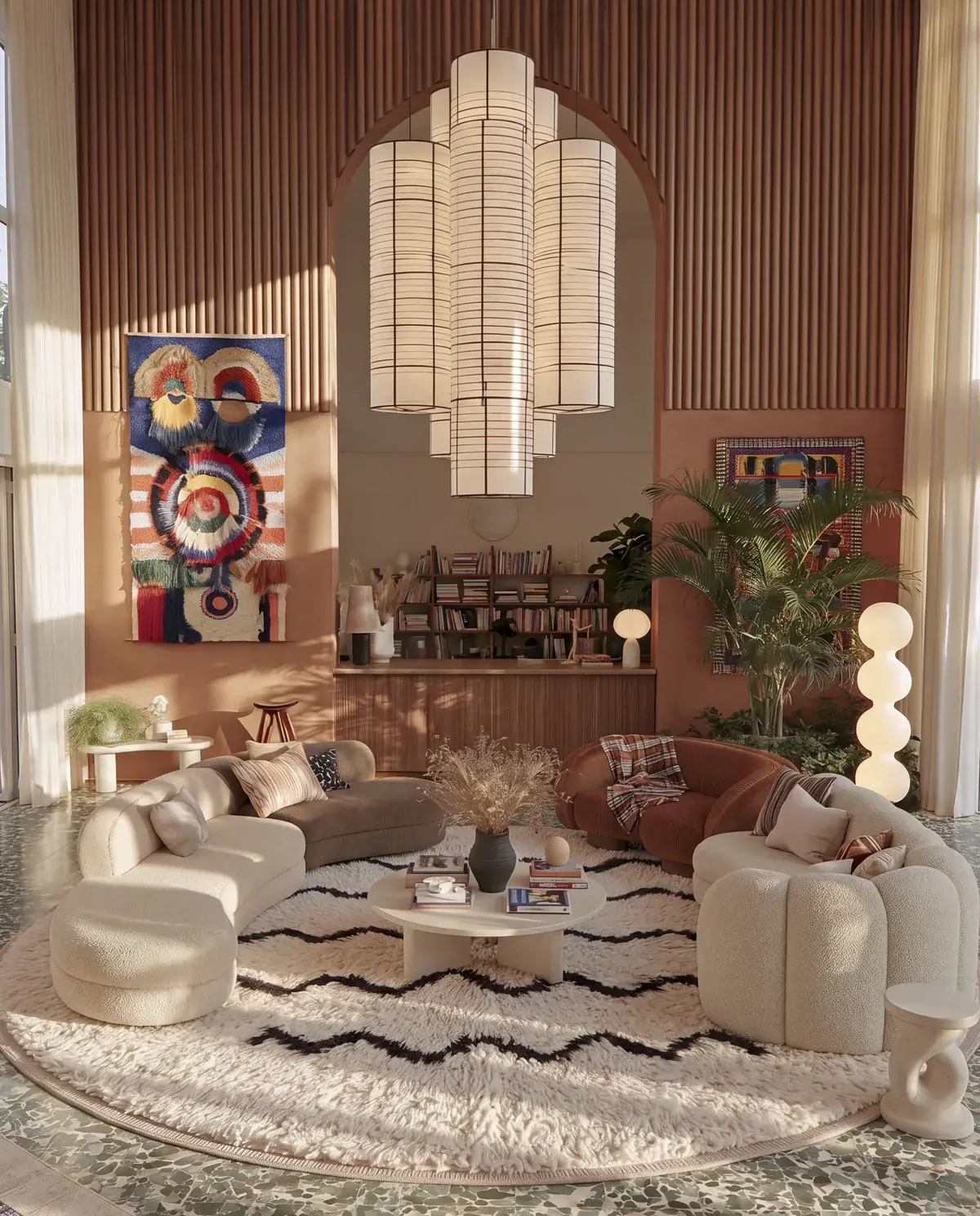 Abrid Ivory & Black round hand-knotted Beni Ourain rug with black zigzag lines under cream boucle sofas