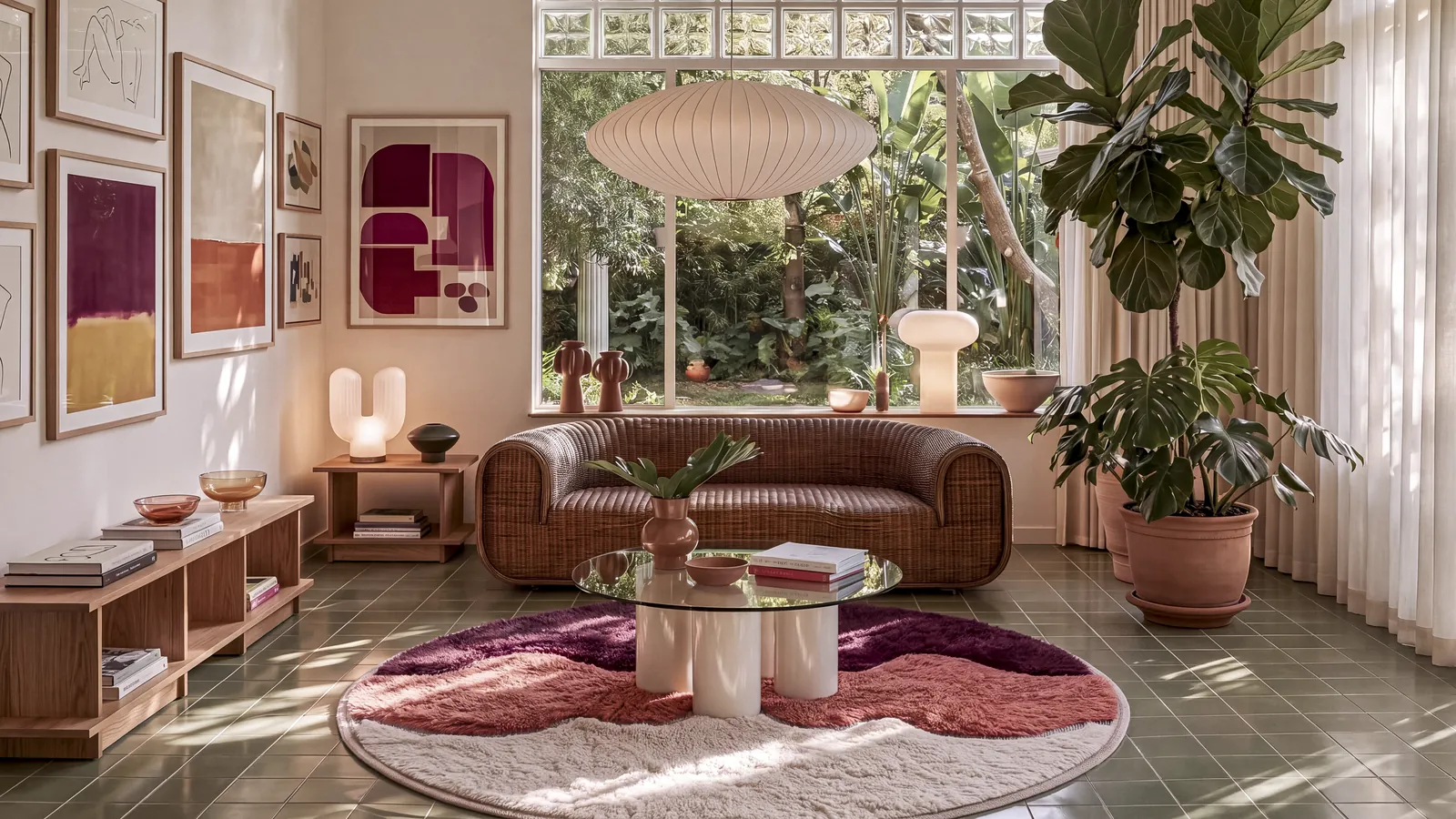 Dades Burgundy & Coral round hand-knotted Beni Mrirt rug in a living room, the sculpted relief catching the light