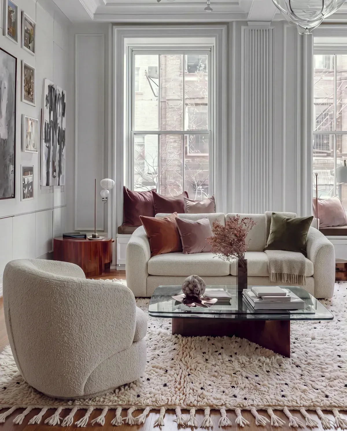 Itran Ivory & Black hand-knotted Moroccan rug, black dots on ivory under a boucle sofa in a paneled room