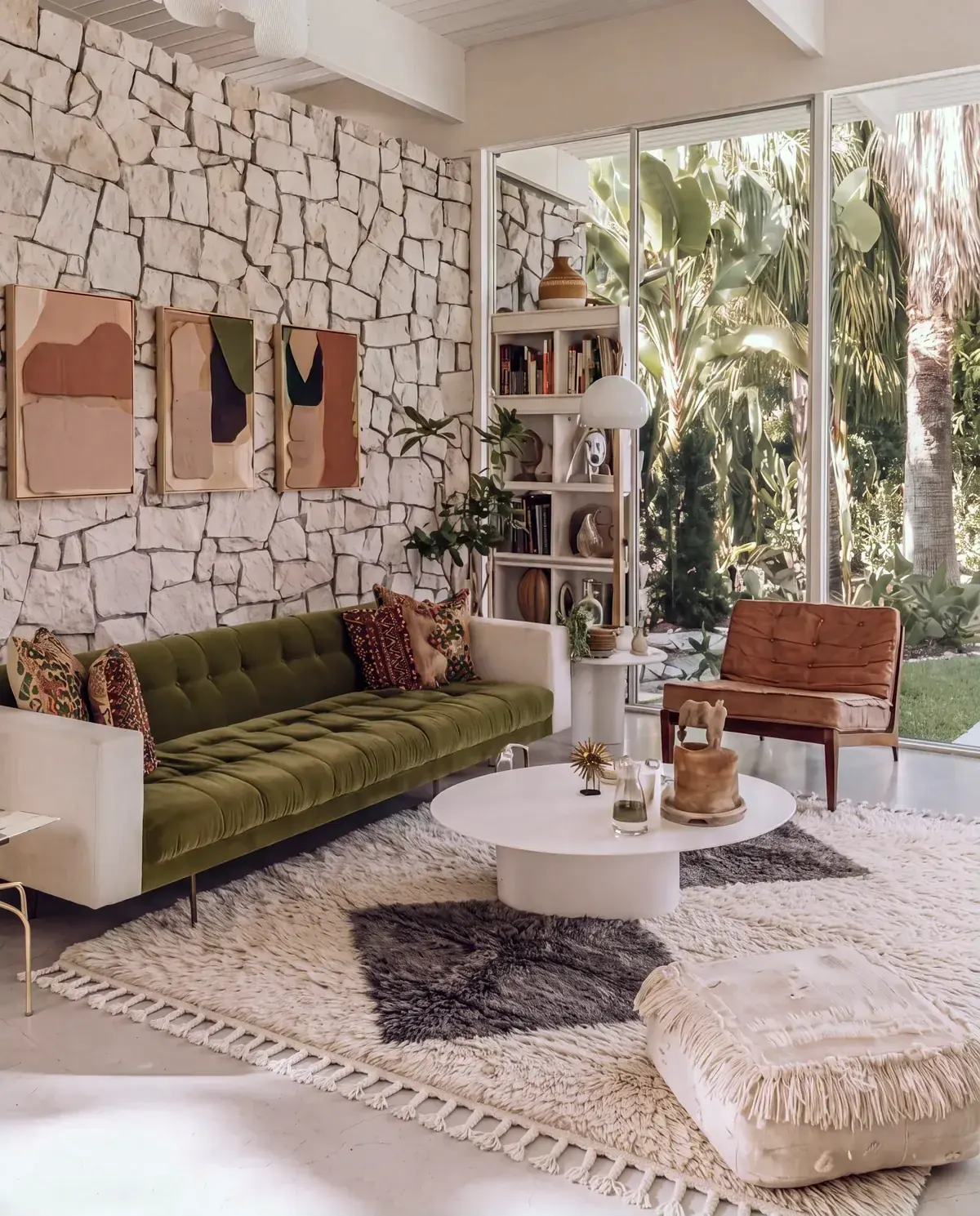 Kerkour Ivory & Charcoal handcrafted Beni Ourain rug, charcoal diamonds before an olive velvet sofa