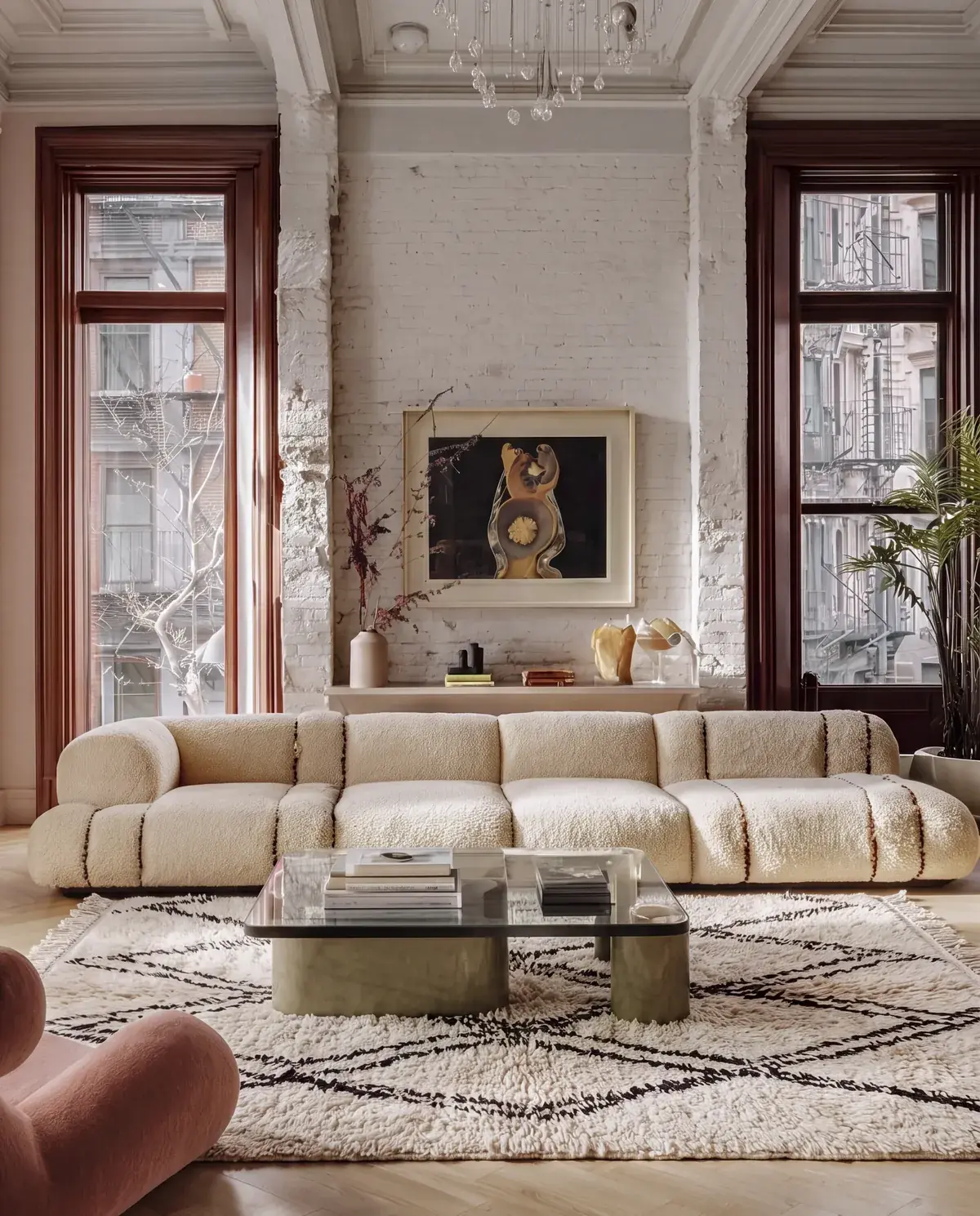 Tizi Ivory & Black handmade Beni Ourain rug, black lattice under a cream shearling sofa in a brick loft