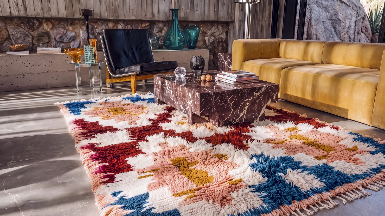 Agdal Burgundy & Coral hand-knotted Berber rug in a living room with a mustard sofa and a stone wall