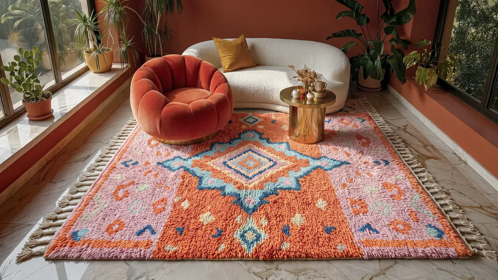Zahra Orange & Pink hand-knotted Boujaad rug in a living room beside an ivory bouclé sofa and a coral velvet chair