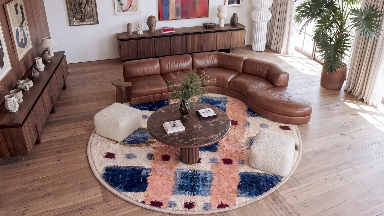 Chebka Navy & Peach round hand-knotted Berber rug, the navy and peach grid legible edge to edge