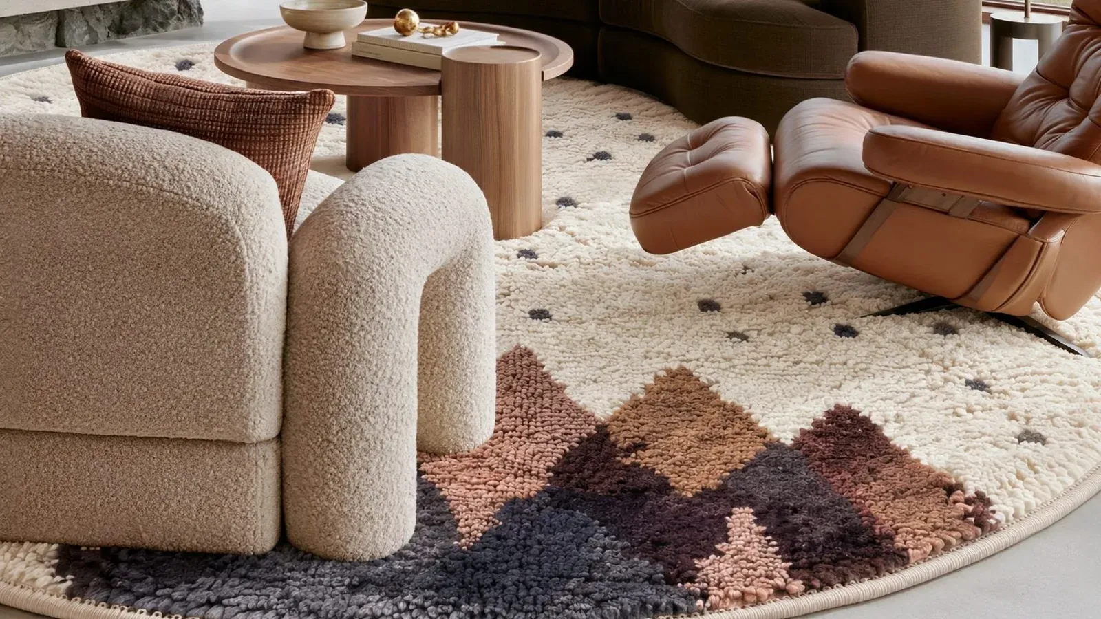 Adrar Ivory & Brown round hand-knotted Beni Ourain rug, brown peaks on ivory under bouclé and cognac leather seats