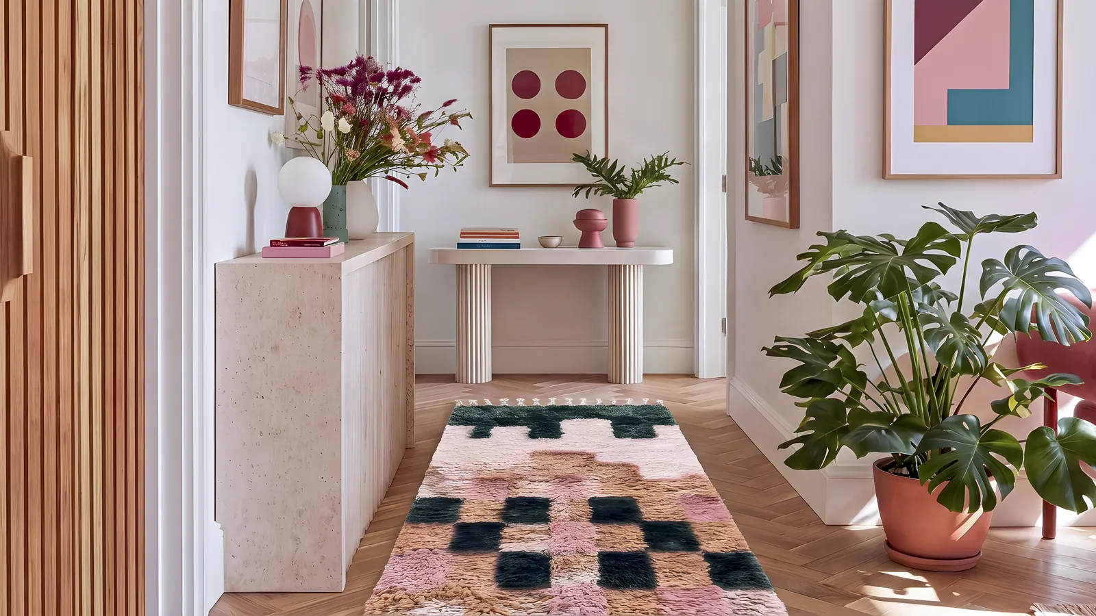 Darja Forest Green & Pink hand-knotted Berber runner along a hallway
