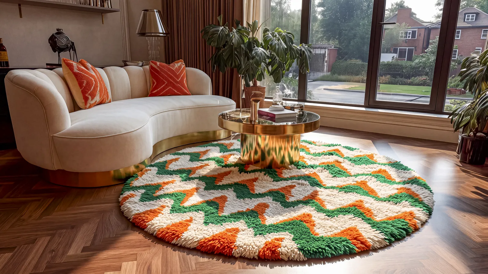 Aman Forest Green & Orange round hand-knotted Berber rug, the zigzag leading a living room