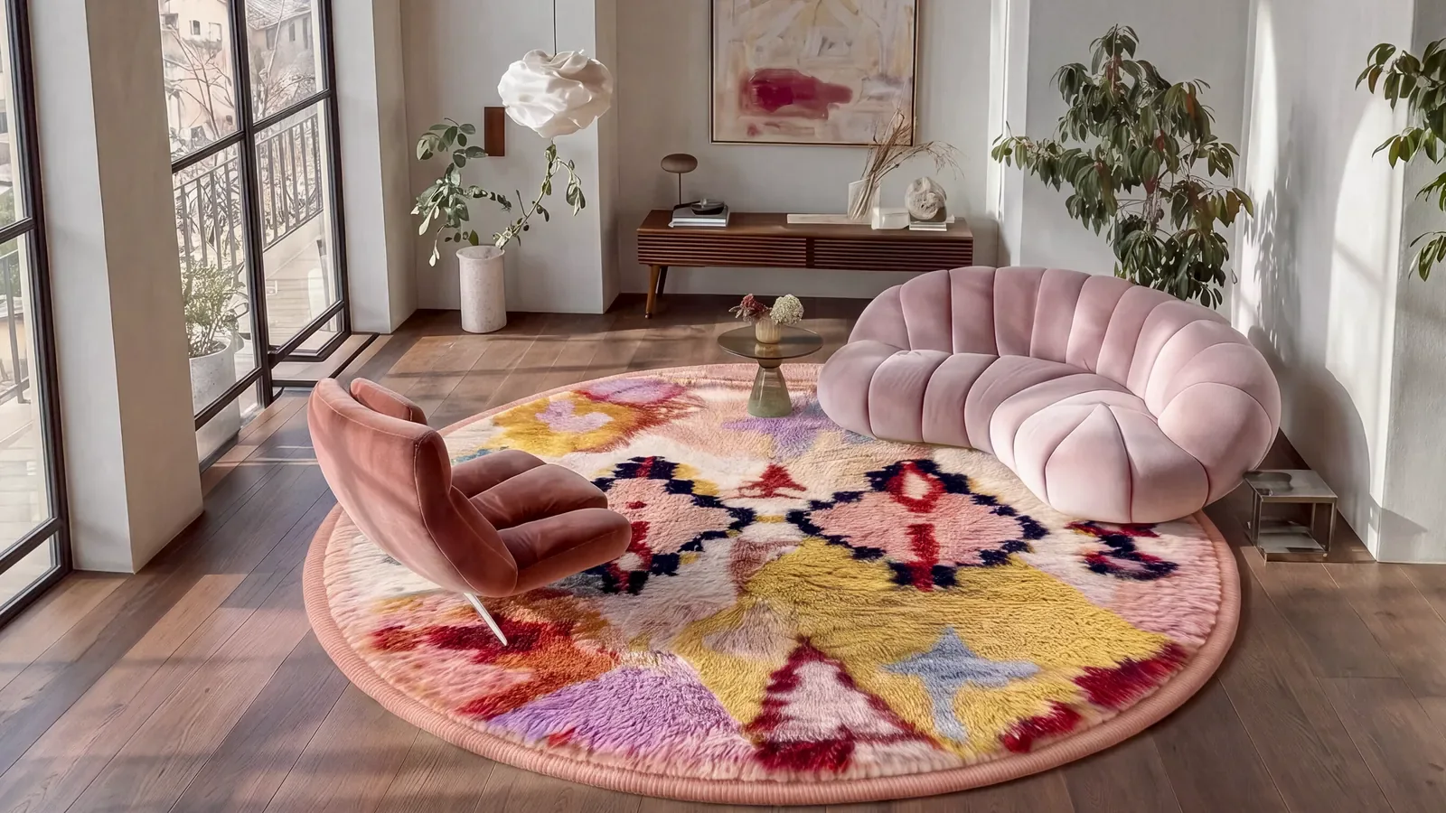 Nouar Pink & Mustard hand-knotted Boujaad round rug in a living room with a pale pink sofa