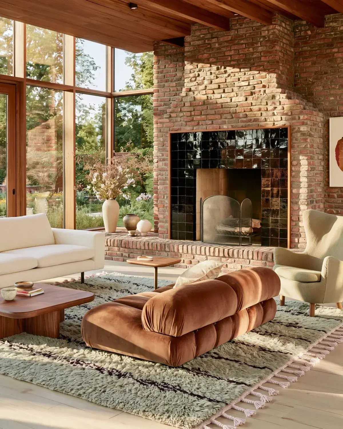 Abrid Sage & Black hand-knotted Beni Ourain rug, thin black lines on sage before a rust velvet daybed and brick fireplace