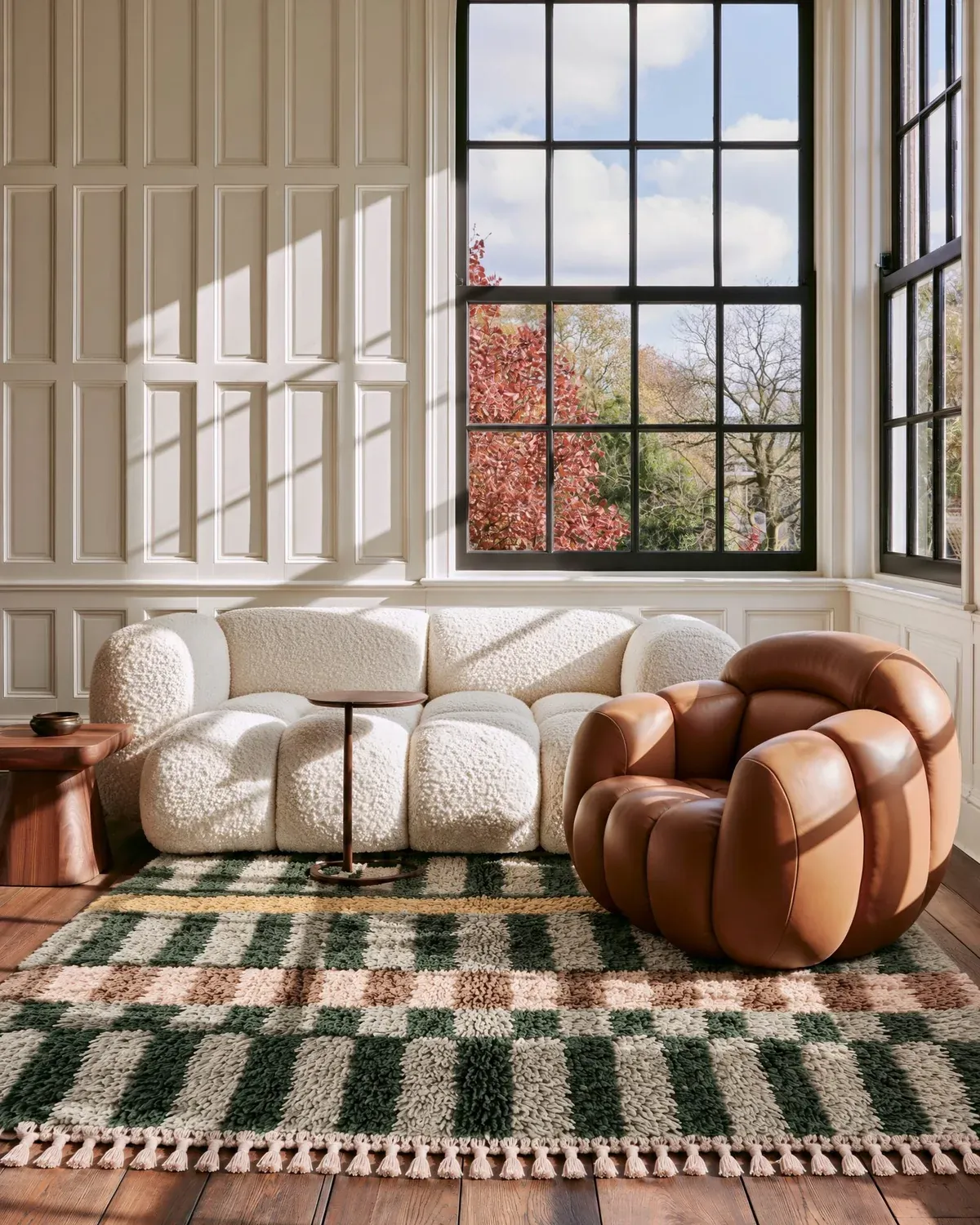 Azetta Forest Green & Sage handmade Moroccan rug in green and cream bars under a cream bouclé sofa in a paneled room