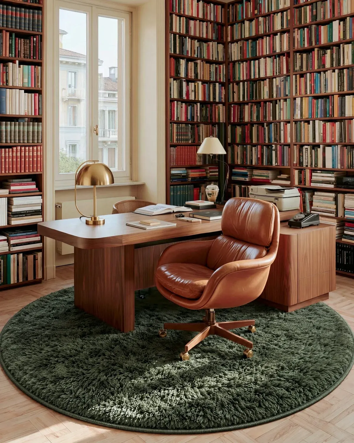 Tagant Forest Green round hand-knotted Beni Ourain rug under a walnut desk and a cognac leather chair in a library