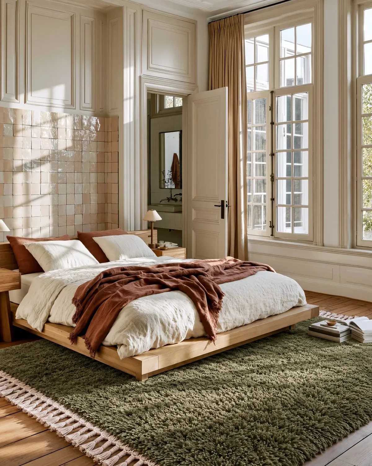 Zitoun Olive hand-knotted Beni Ourain rug, an olive shag under a low oak bed with white linen and a rust throw