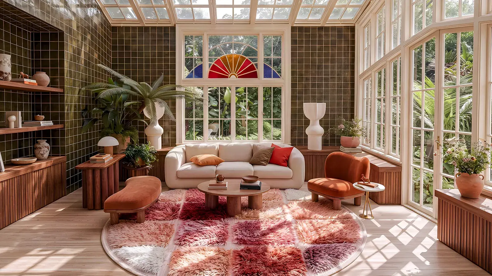 Tadla Dusty Rose & Peach round Beni Mrirt rug in a sunlit garden room, the check carved into the hand-knotted pile