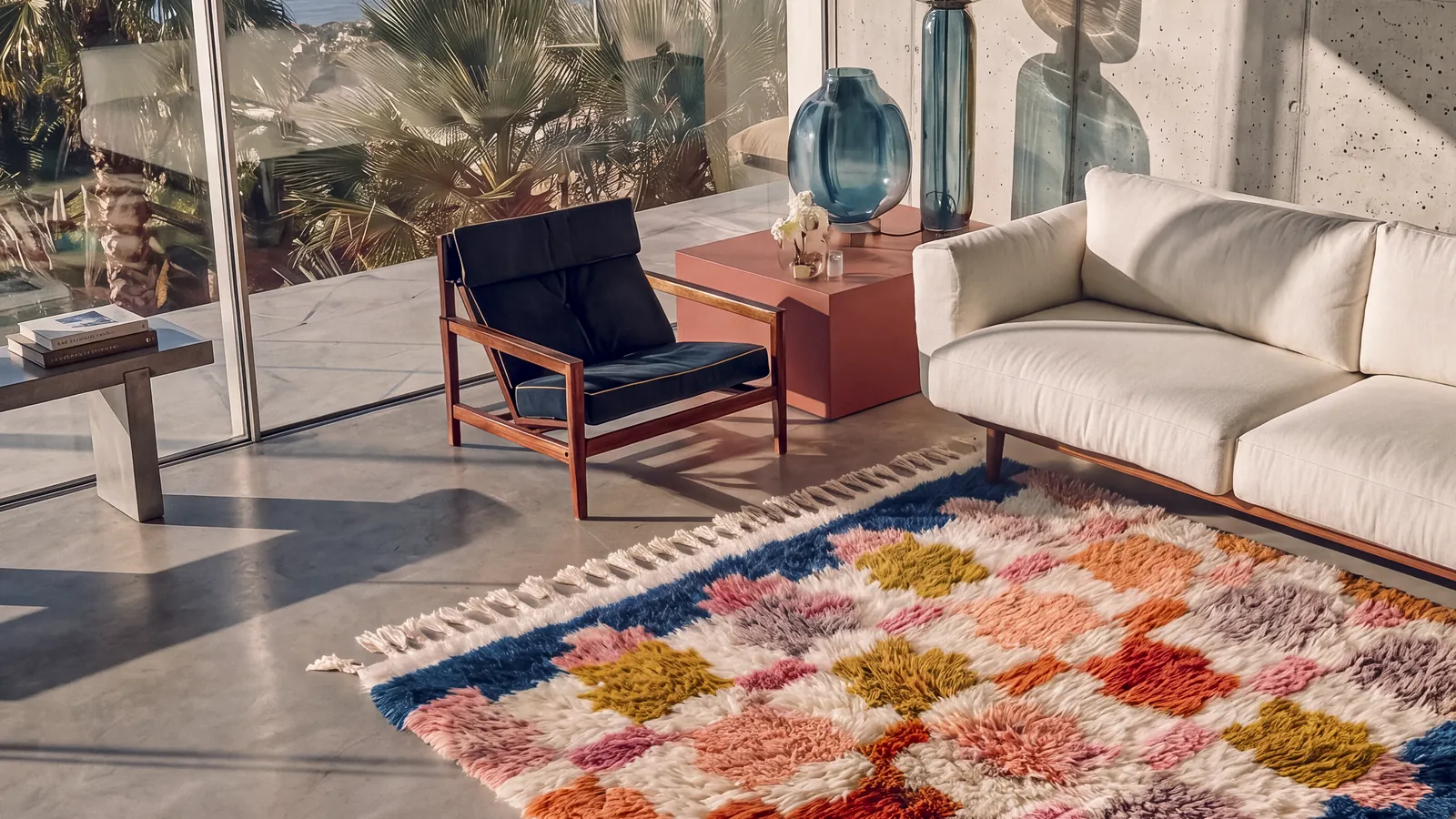 Jidar Pink & Ochre hand-knotted Moroccan rug lying flat on a concrete floor beside a white sofa and a wood armchair