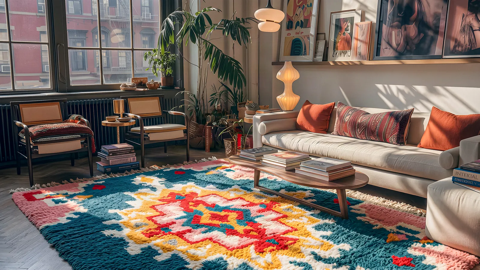 Jnane Pink & Green hand-knotted Boujaad rug in a loft living room with an ivory sofa and a walnut table