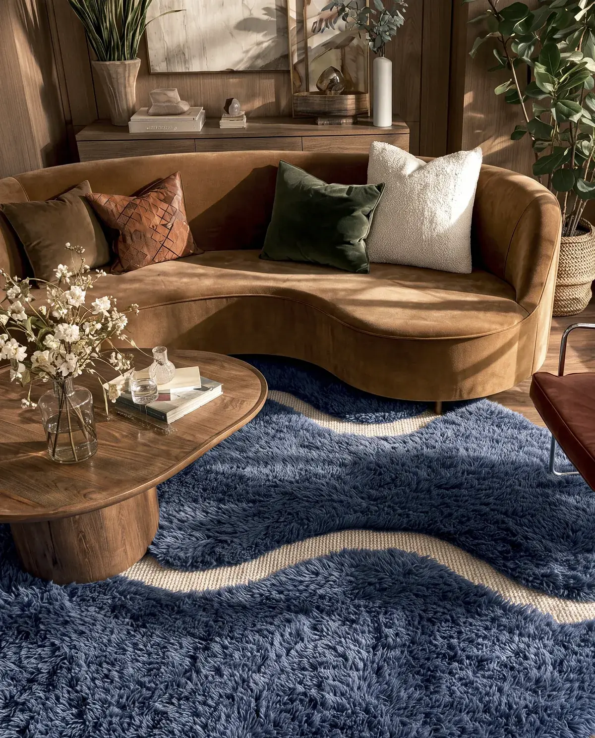Draa Blue round hand-knotted Beni Mrirt rug under a wood table beside a caramel velvet sofa