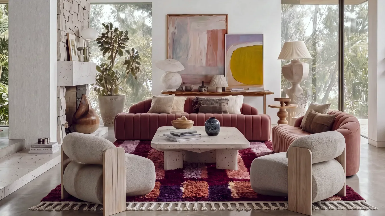 Legzira Burgundy & Lavender hand-knotted Moroccan rug under a travertine table between two bouclé armchairs