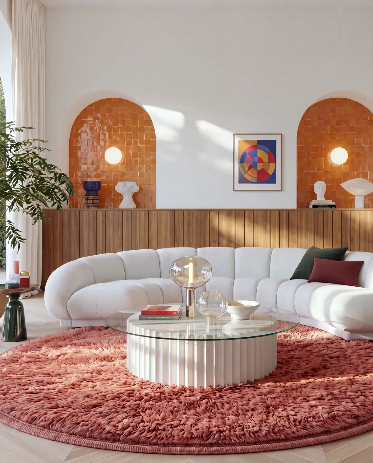 Tabia Terracotta round handcrafted Beni Ourain rug under a fluted table beside glazed orange tile arches