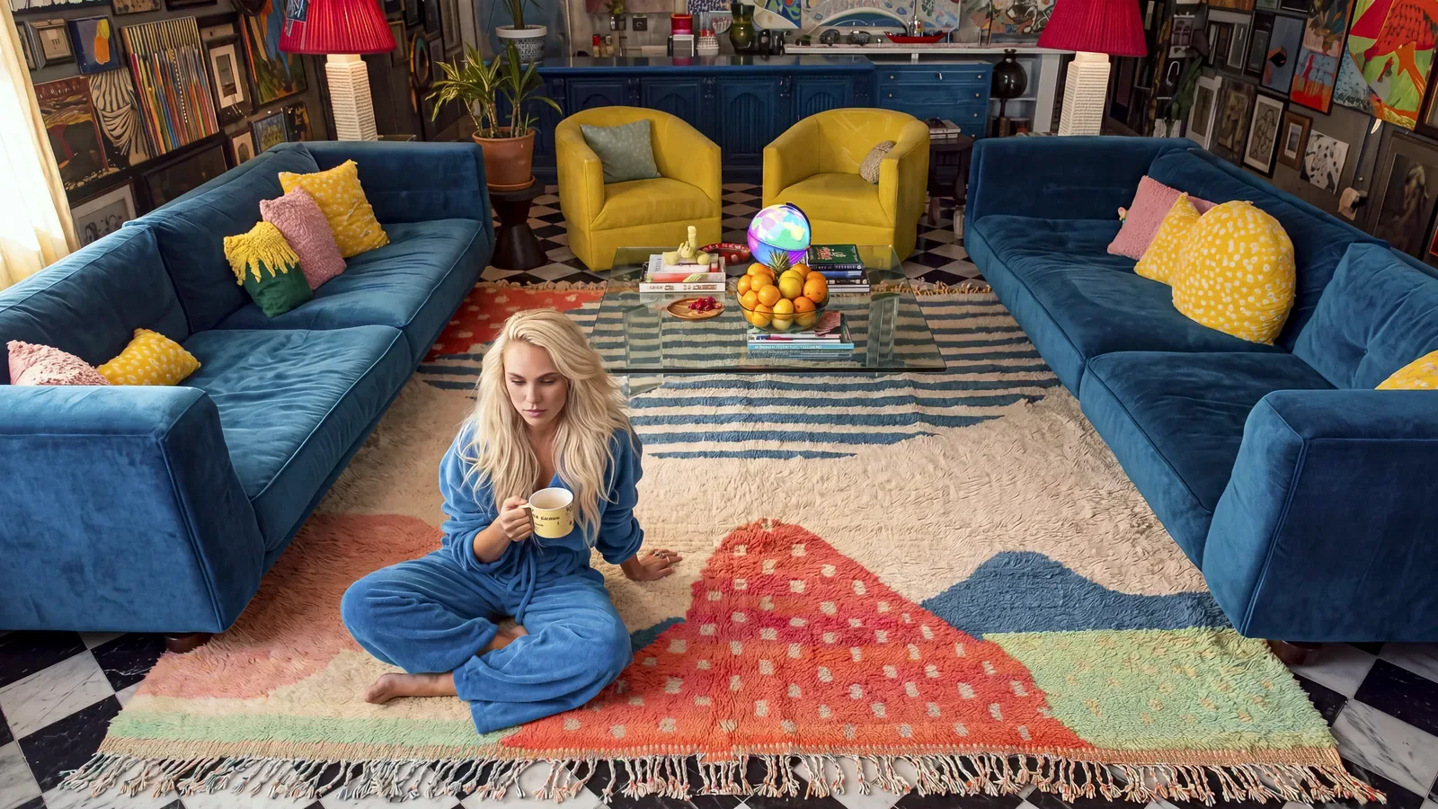Tafsut Blue & Coral hand-knotted Beni Ourain rug in a living room, both sofas with their front legs on the wool