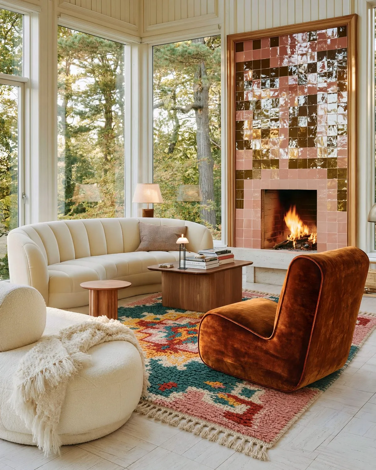 Jnane Pink & Green hand-knotted Boujaad rug in a living room with a tiled fireplace and a rust velvet chair