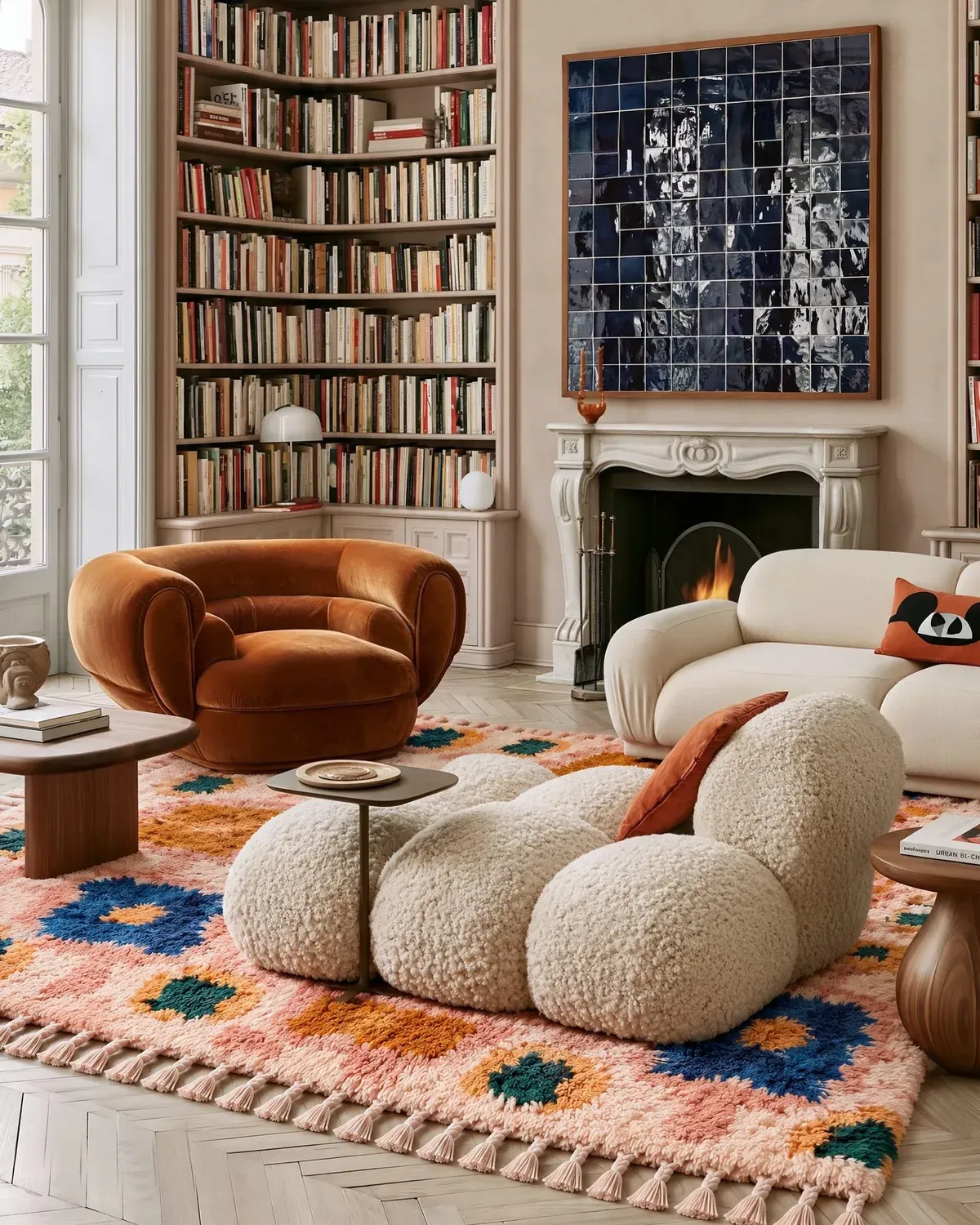 Lazward Cobalt & Ochre hand-knotted Moroccan rug, cobalt and ochre blossoms under bouclé seats and a rust velvet chair